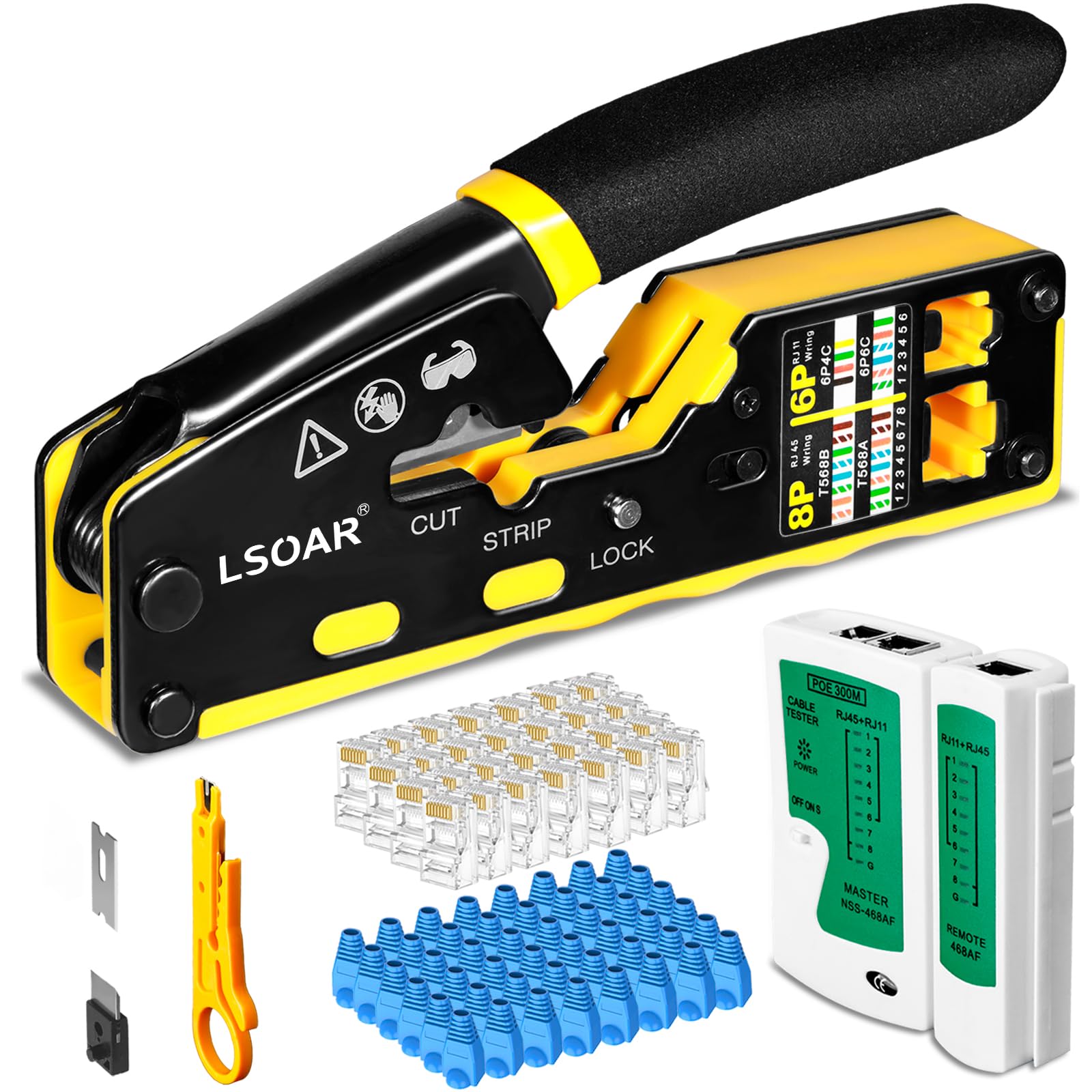 Kit de crimpadora de paso RJ45 con probador y 50 conectores Cat6 + botas | Diseño de paso, función 3 en 1, 50 conectores CAT6, probador de cables de red, agarre ergonómico, compatible con Cat5/5e/6