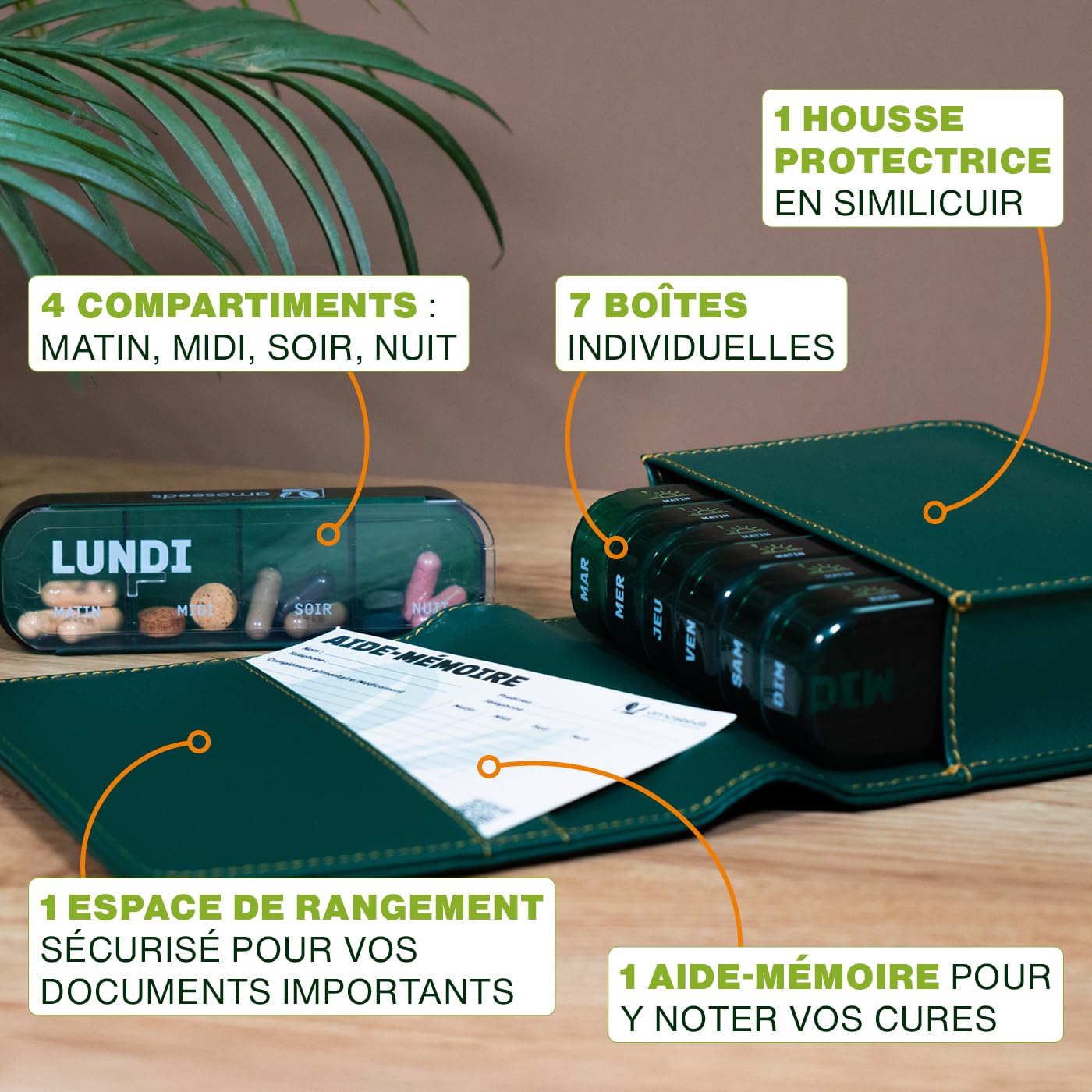 Pilulier Semainier Français | 4 prises par jour : matin, midi, soir, nuit | 28 Compartiments | Sans BPA | Housse similicuir | Qualité Supérieure