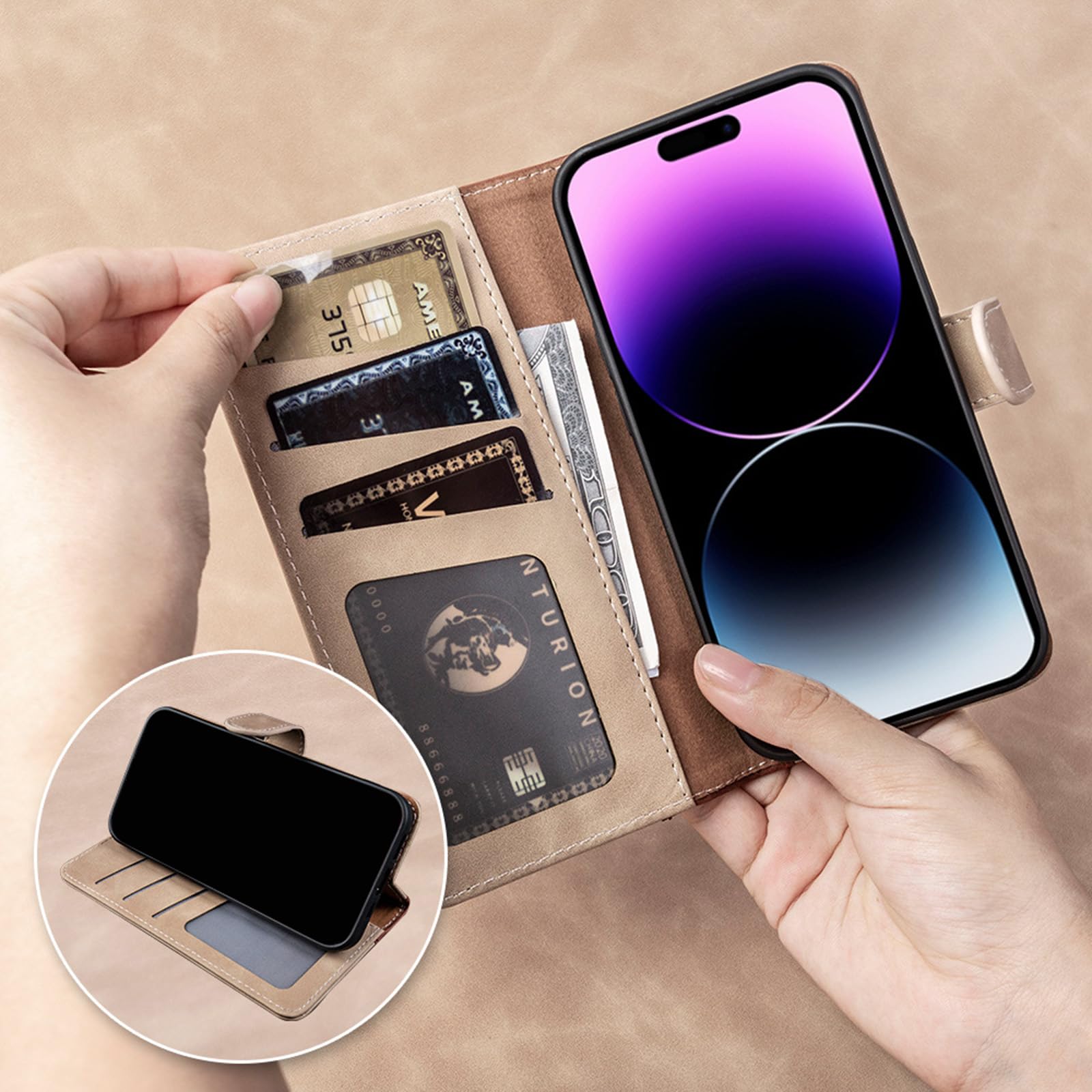 Skórzane etui do iPhone 15 Pro Max/15 Pro/15 Plus/15, magnetyczne etui z klapką, folio portfel, etui na telefon z 3 przegródkami na karty, etui chroniące przed upadkiem, zielone, 15ProMax
