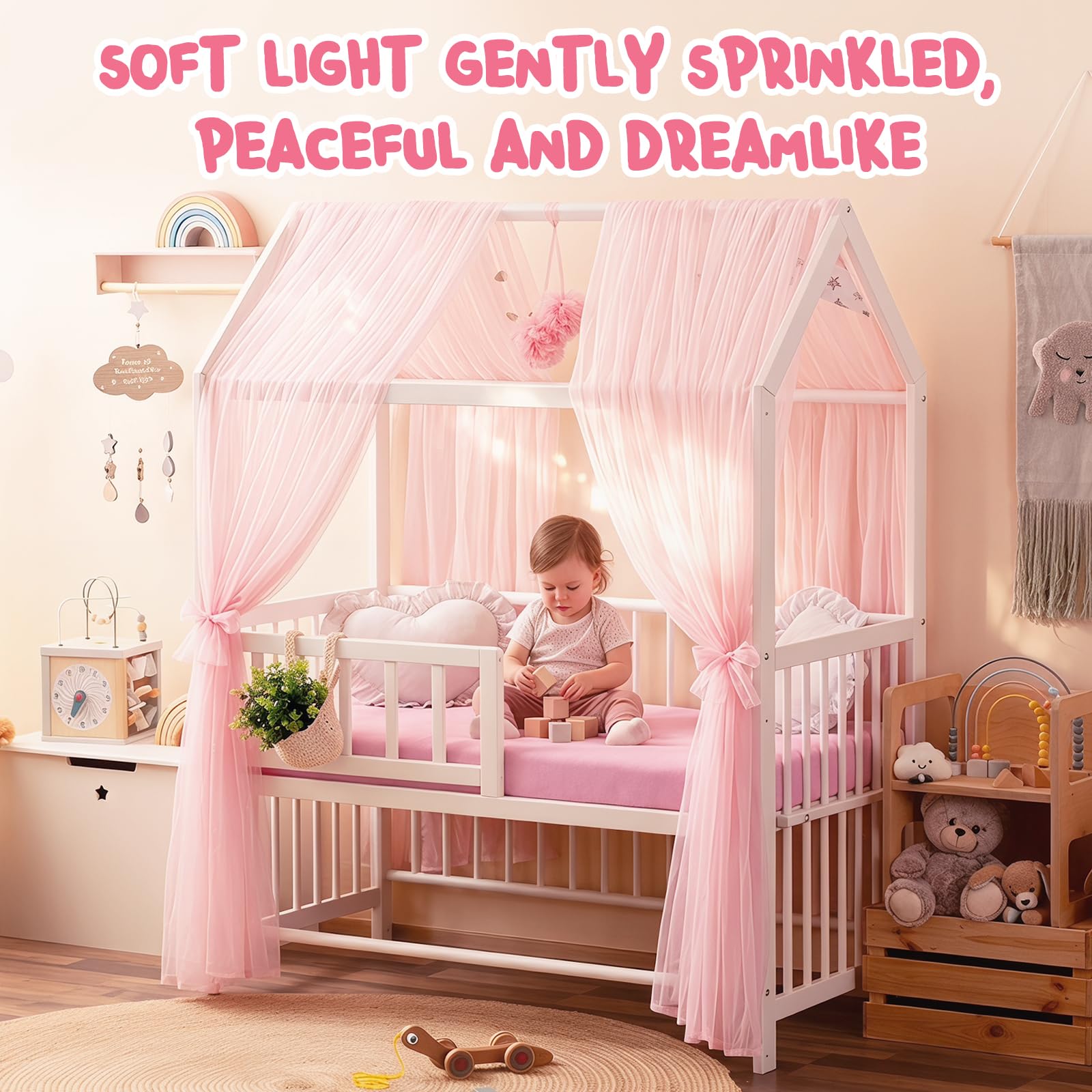 CEWROM Set di 2 tende a baldacchino per letto a baldacchino in tulle, decorazione e baldacchino per lettino, per bambine e ragazzi, 150 x 350 cm (rosa)