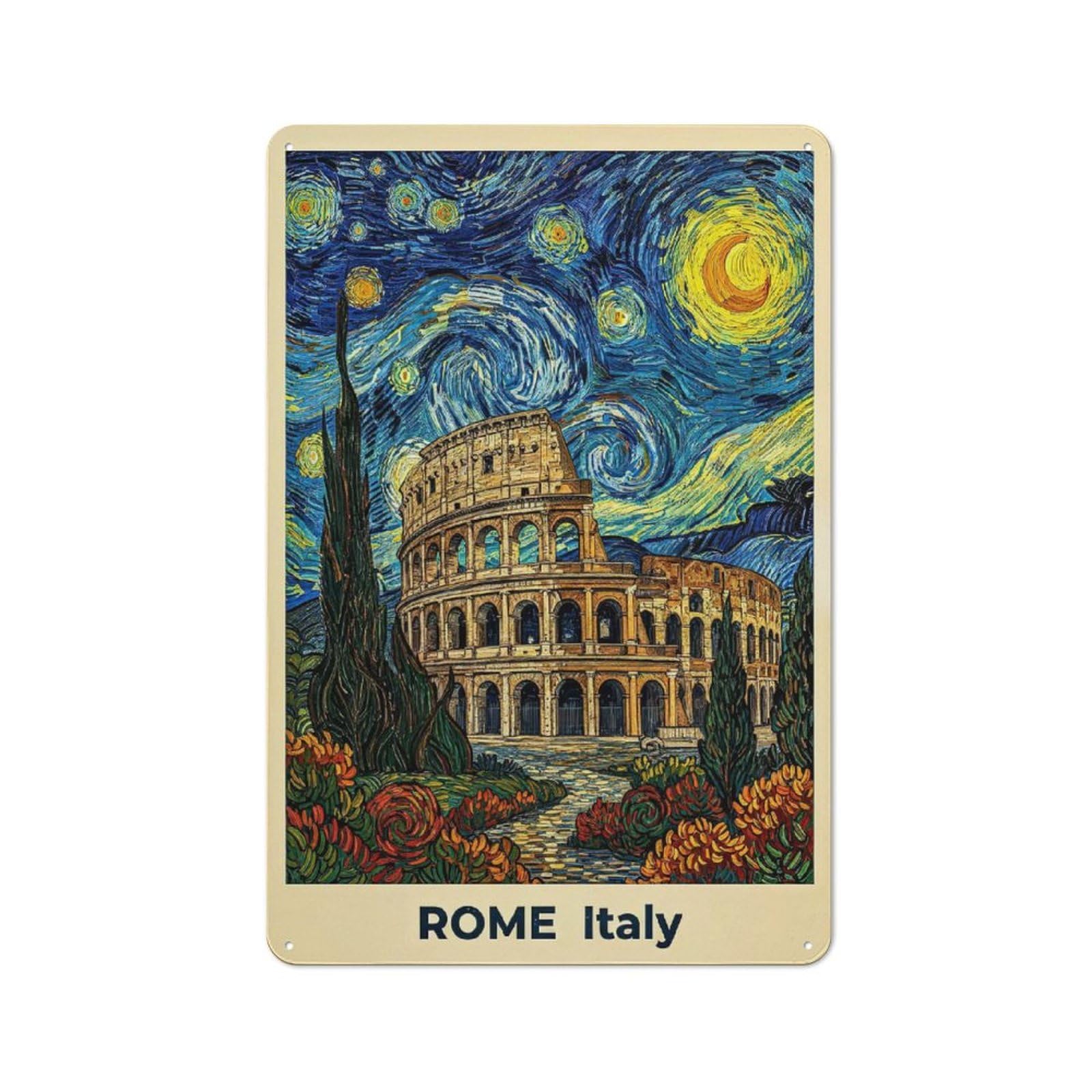 Junmoney Style-5 30X20cm Retro Tin Sign With Colosseum In Starry Night Style For Living Room Wall, Housewarming Present For People Styling Living Room