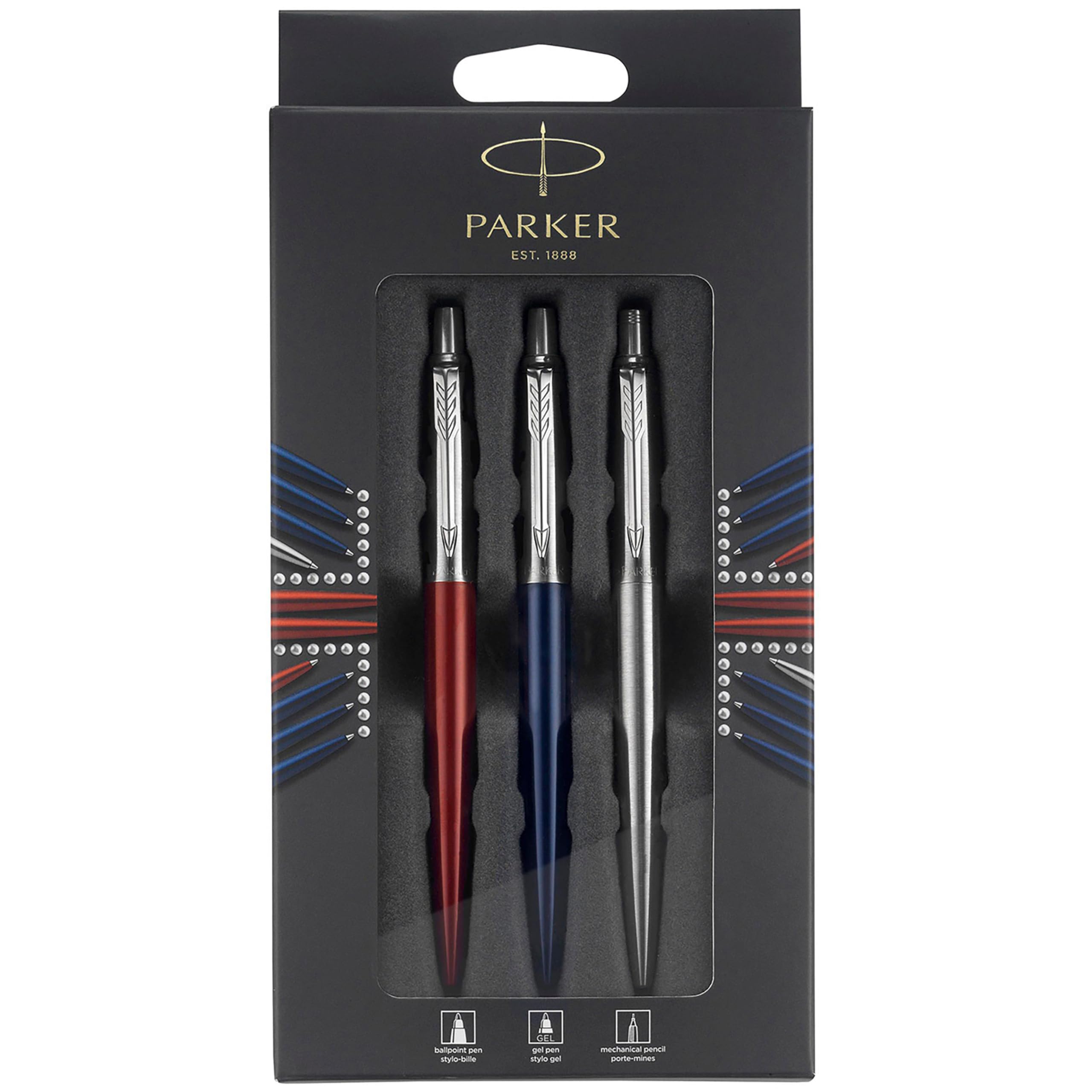 Jotter London Trio Discovery Pack: Ballpoint Pen (Royal Blue) Gel Pen (Red Kensington) & Mechanical Pencil (Stainless Steel)