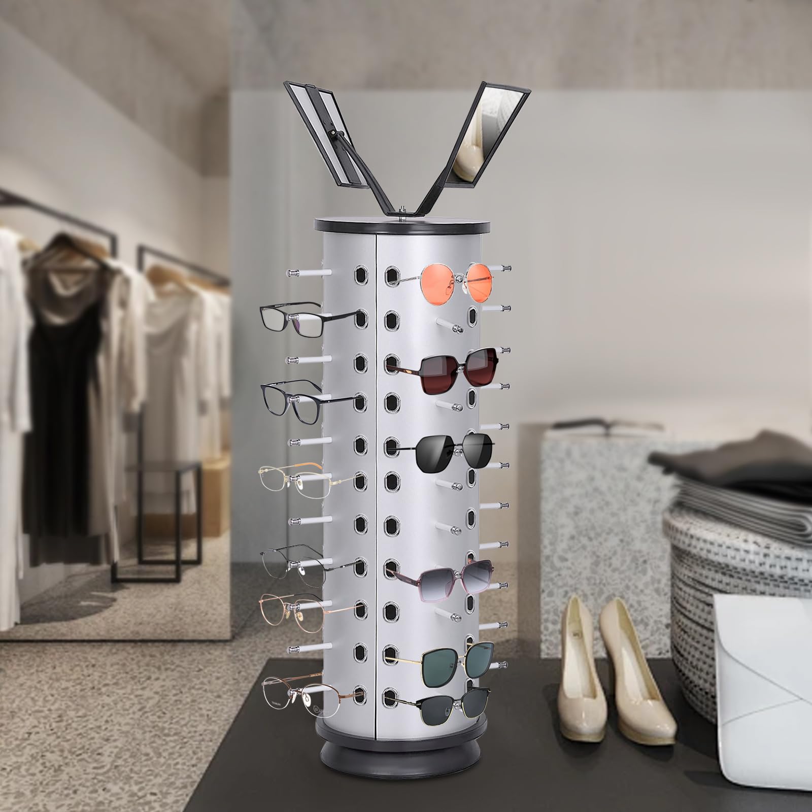360° Rotating Sunglasses Display Stand, 44-Pair Sunglasses Organizer Glasses stainless steel glasses holder stand glasses organizer modern style With mirror Eyeglass Display Turning Stand for optical stores, exhibitions, clothing stores