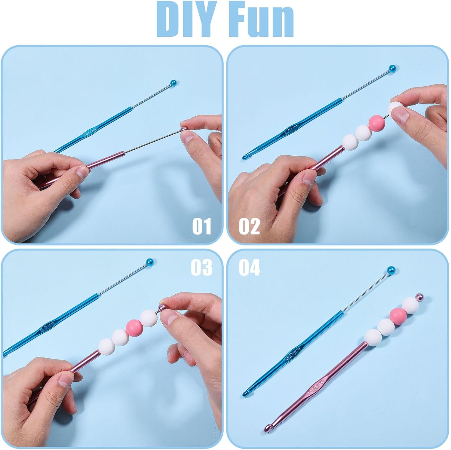 FREEBLOSS 12Pcs DIY Beadable Crochet Hooks Beadable Knitting Needles Set Aluminum Handle for Beads DIY Gift for Women DIY Jewelry Making Supplies
