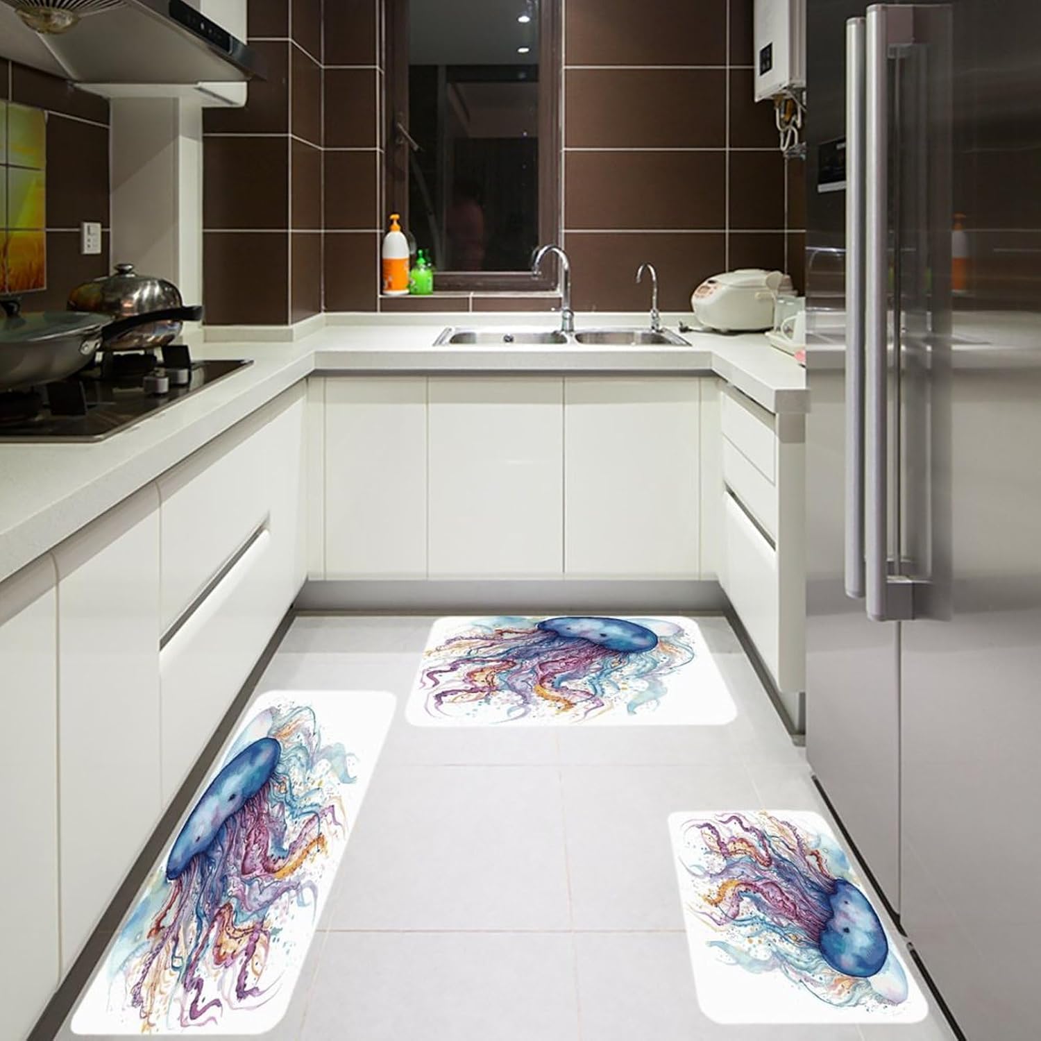 Watercolor Jellyfish Kitchen Mats Soft Absorbent Rugs for Floor Non Slip Washable Kitchen Mats Fashion Rectangular Rugs for Three-Piece Set for Laundry Office Home Sink