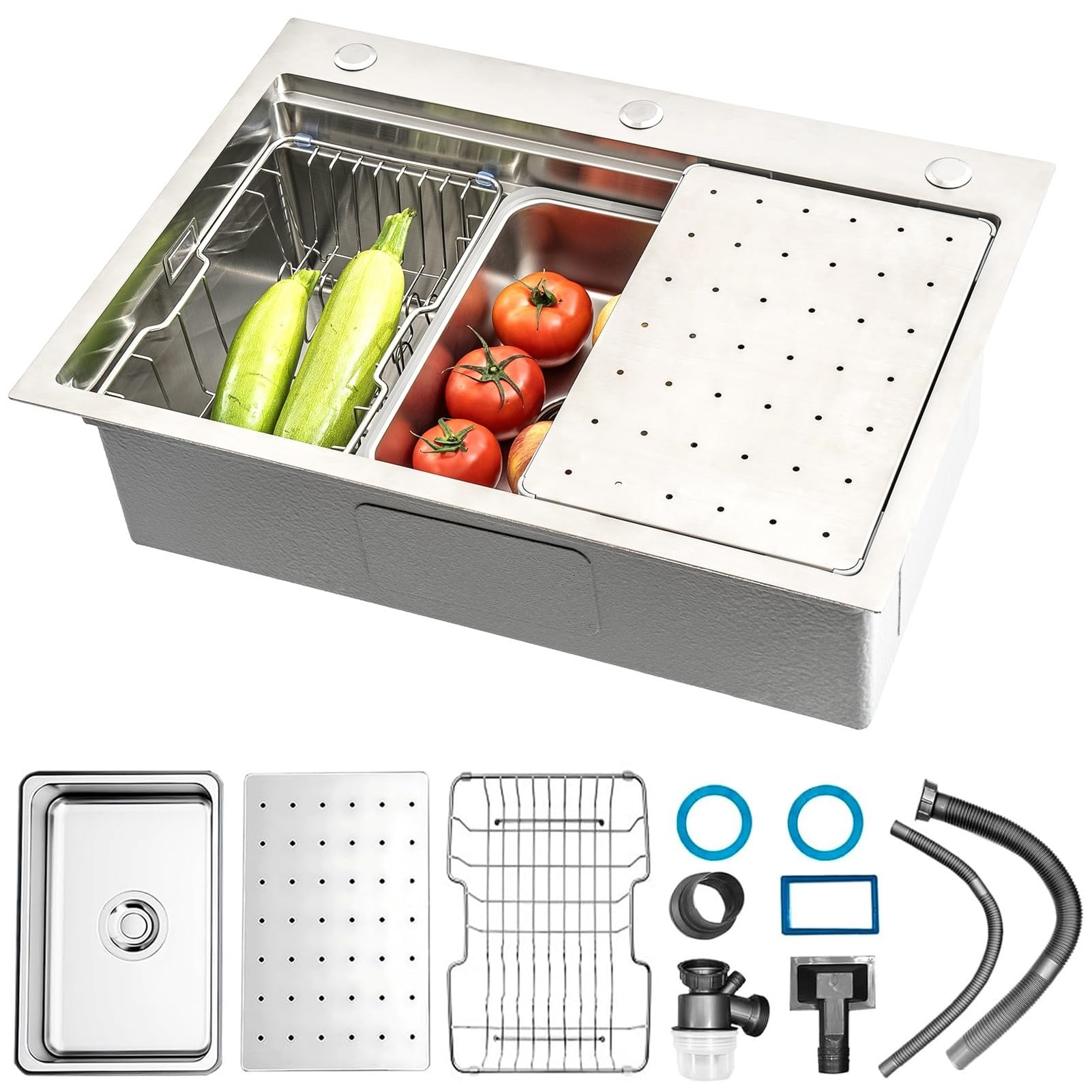 ZQFHSX Large Silver Sink, Drop-in 1 Bowl Stainless Steel Kitchen Sinks, Farmhouse Butler's Workstation Basin with Drainer, Drainage Kit, Easy to Clean(SilverA,80x50cm)