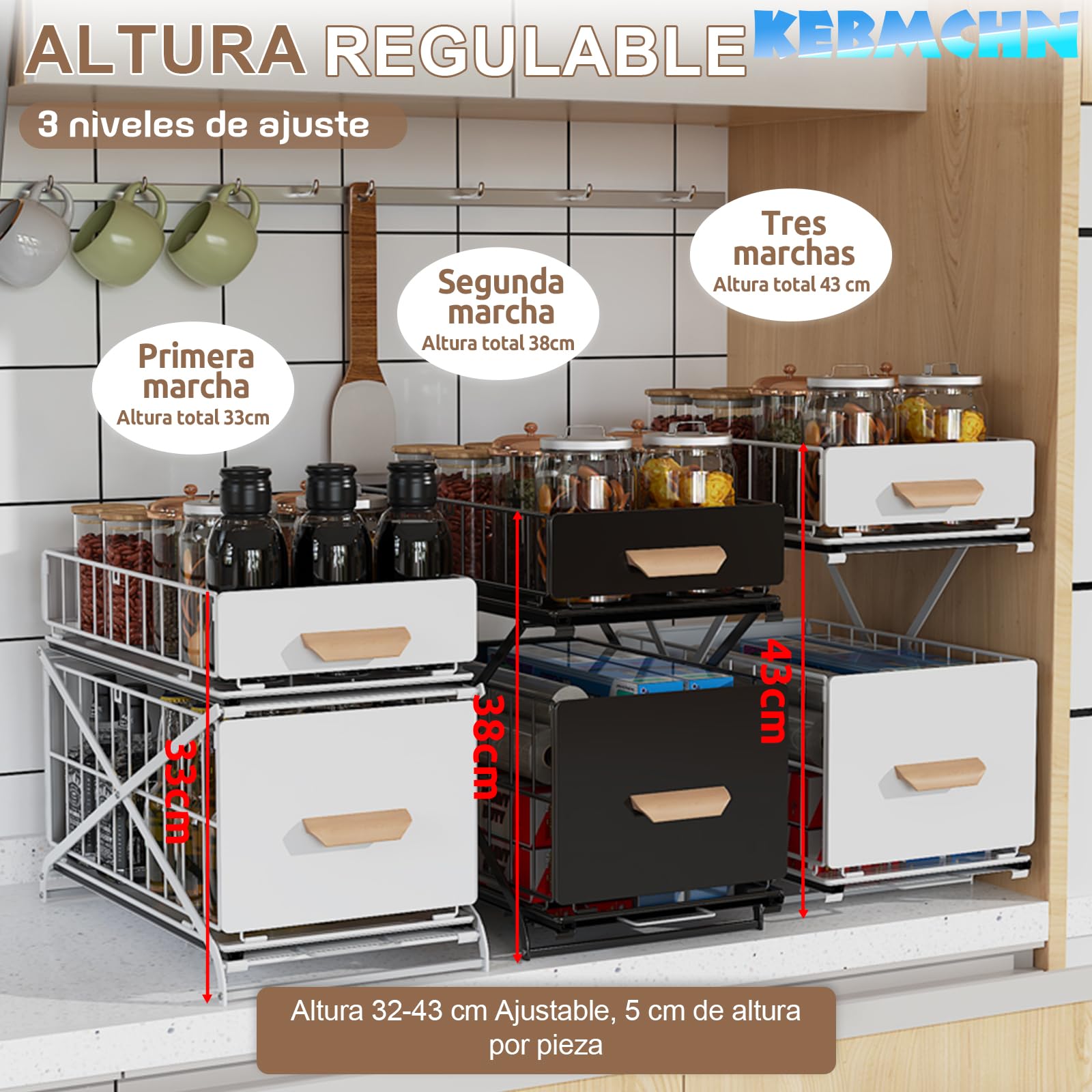 Organizador de cocina plegable de 2 niveles, 26 x 40 x 43 cm, estante para especias, cajón extraíble regulable en altura, organizador para armario que ahorra espacio, para especias, cosméticos, baño