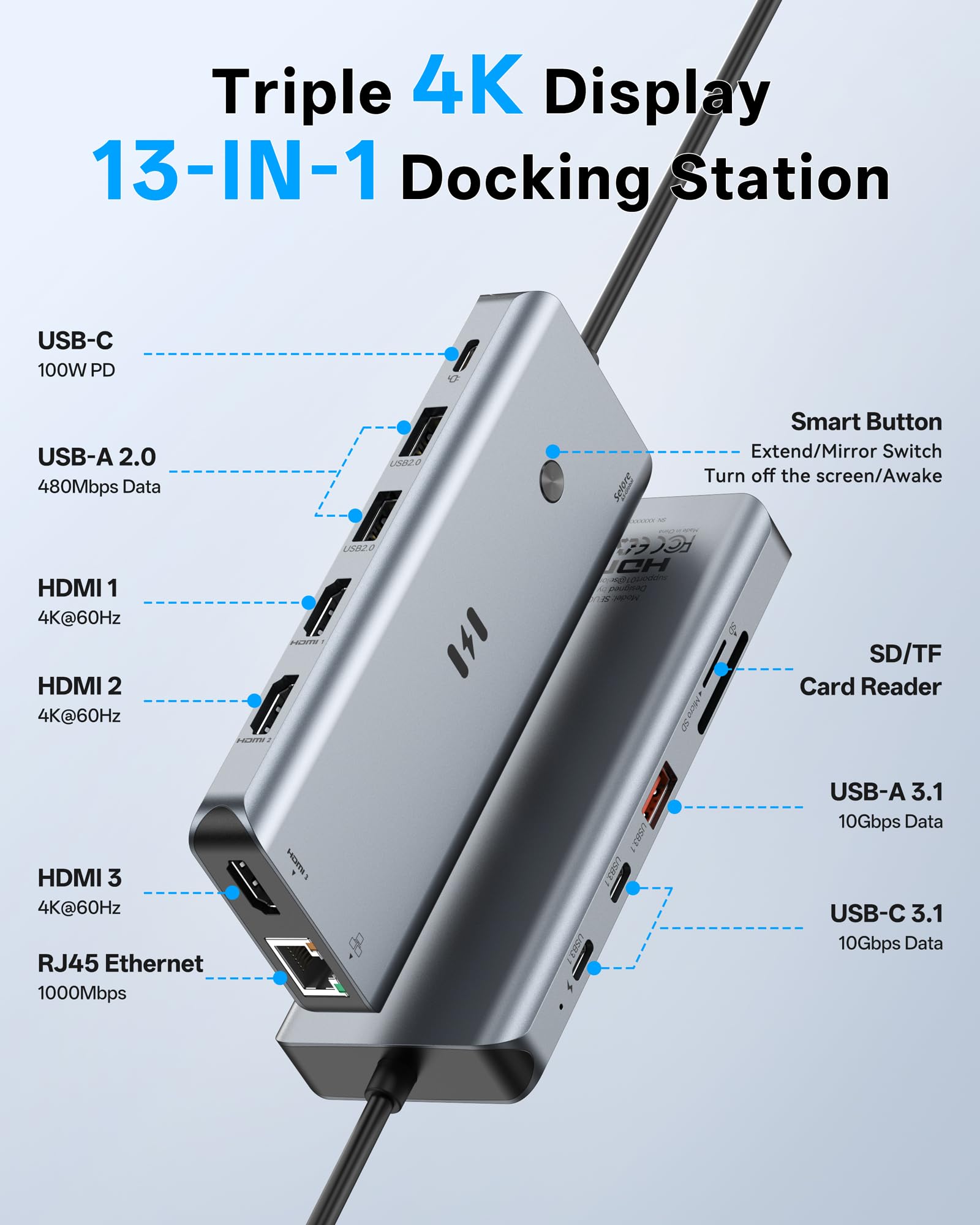 Stacja dokująca USB C 3 HDMI, 12 w 1, 3 monitory, potrójny wyświetlacz, 100 W PD, 10 Gbps USB A/C 3.1, RJ45 Ethernet, czytnik kart SD/TF do Dell/HP/Lenovo