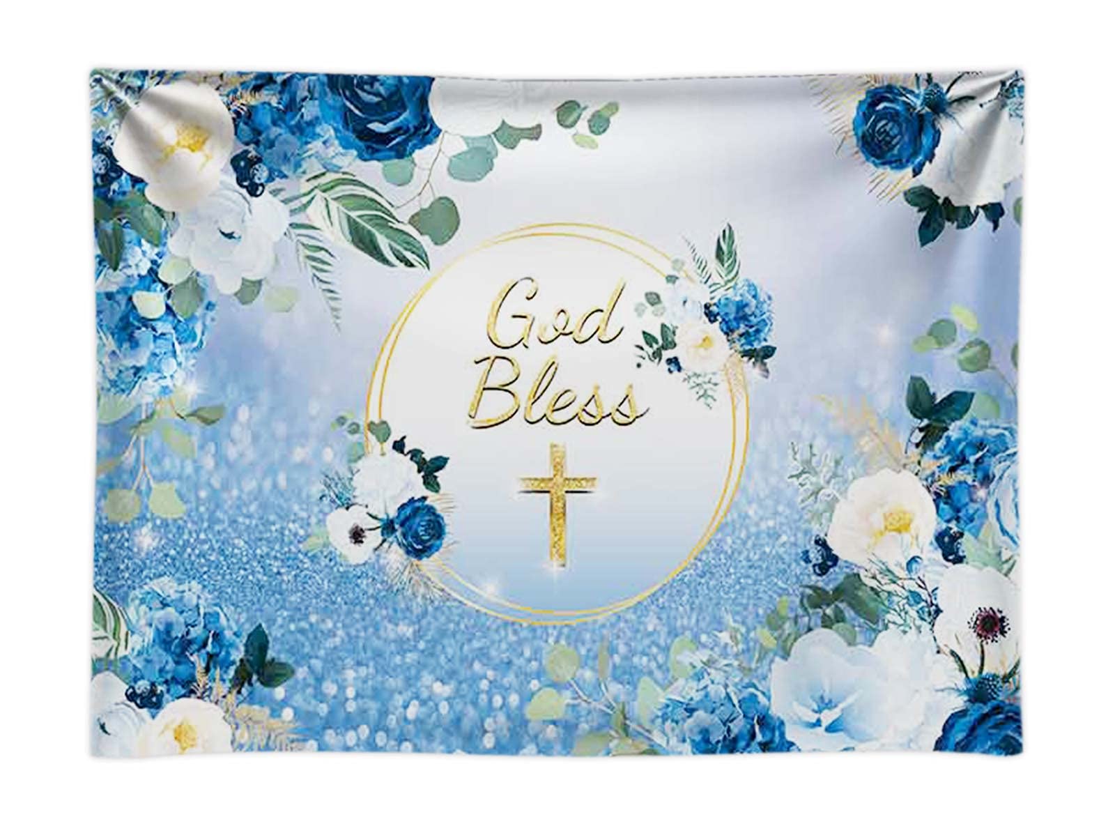 Funnytree 8x6FT Durable Fabric God Bless Backdrop Baptism Party Boy First Holy Communion Christening Banner Decor Blue Floral Birthday Baby Shower Background Favors Gifts Supplies Photo Booth Props