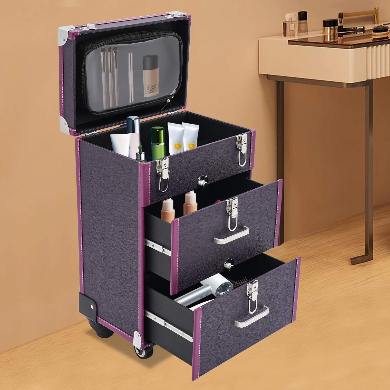 Estuche para cosméticos con Ruedas de Gran Capacidad, Estuche de Viaje con Ruedas, Caja de Almacenamiento móvil, Estuche de Maquillaje Multifuncional, Organizador de Herramientas