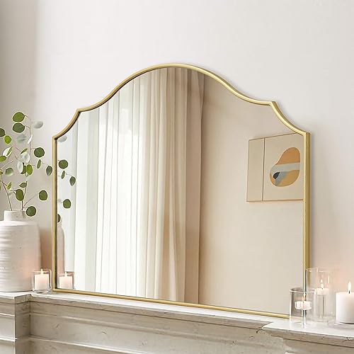 Besdomus Gold Scalloped Mirror for Dresser: 35"x26" Modern Wooden Mantel