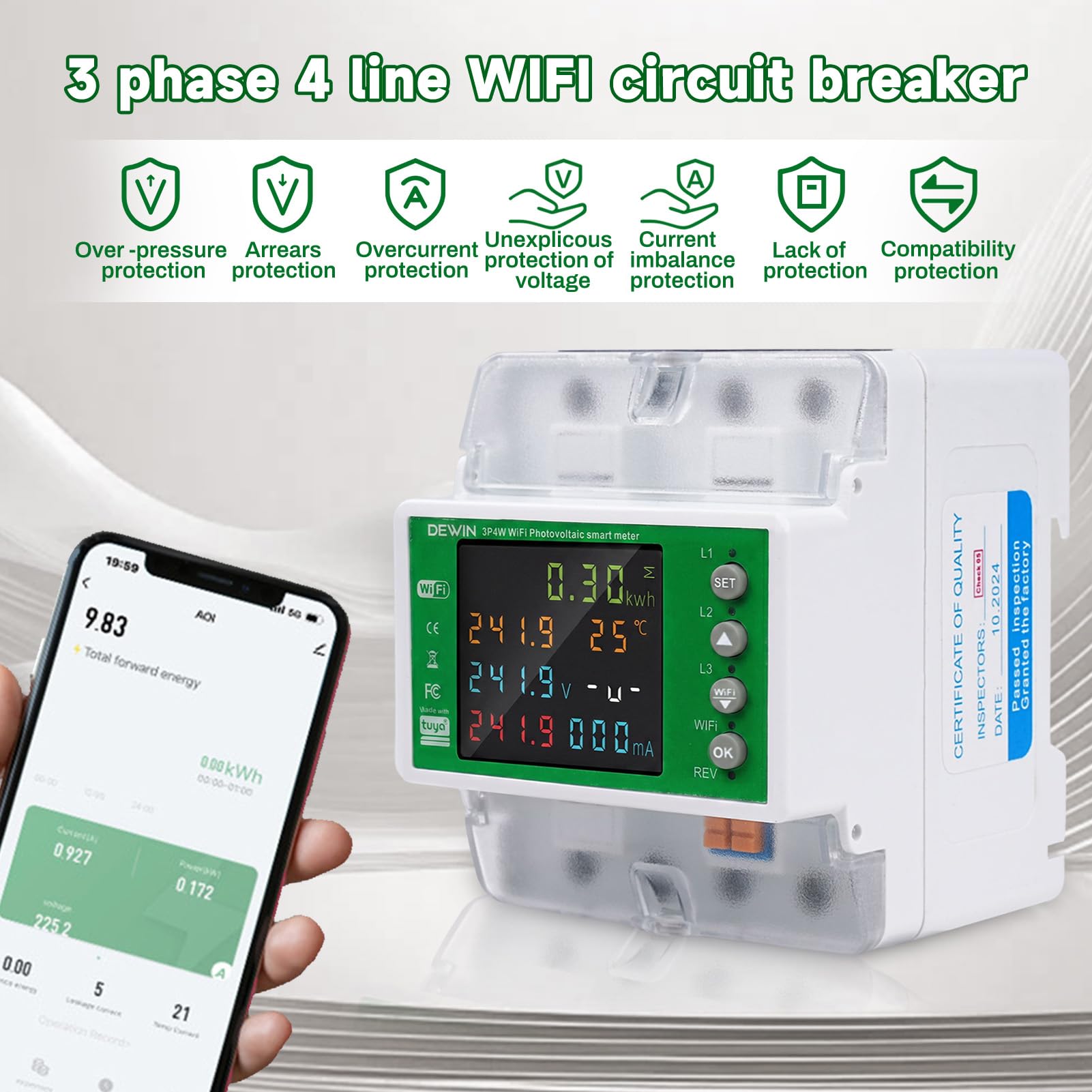 DEWIN Contatore Energia Elettrica Trifase WiFi, 100A 380VAC Misuratore di Consumo Elettrico WiFi Contatore Elettrico Trifase con Controllo del Tempo/Protezione Sovratensione ECC.