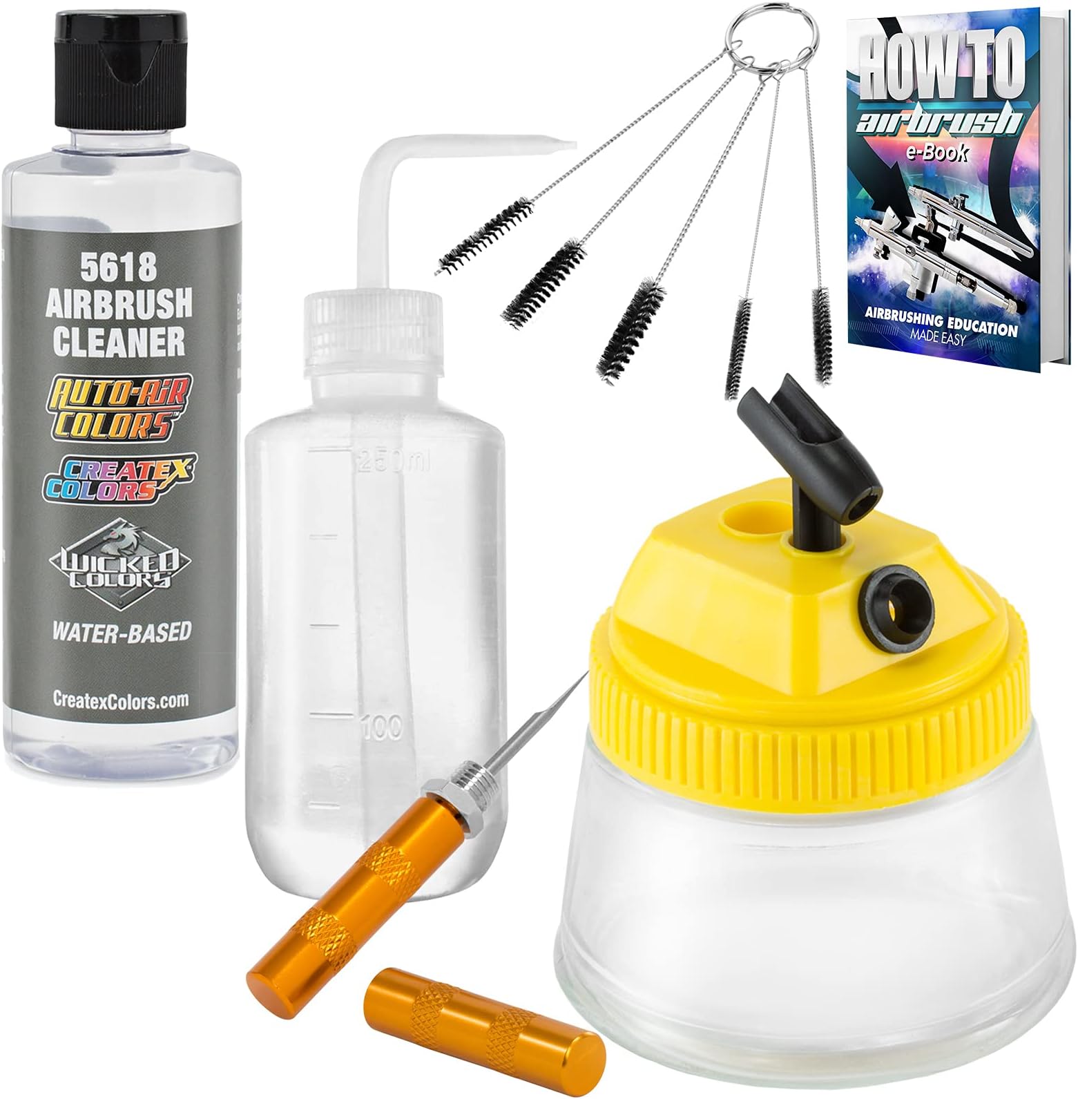 PointZero Airbrush Cleaning Kit with Cleaning Solution, Cleaning Pot Jar, Cleaning Brushes, Nozzle Cleaning Needle, Plastic Bottle and Exclusive Guides