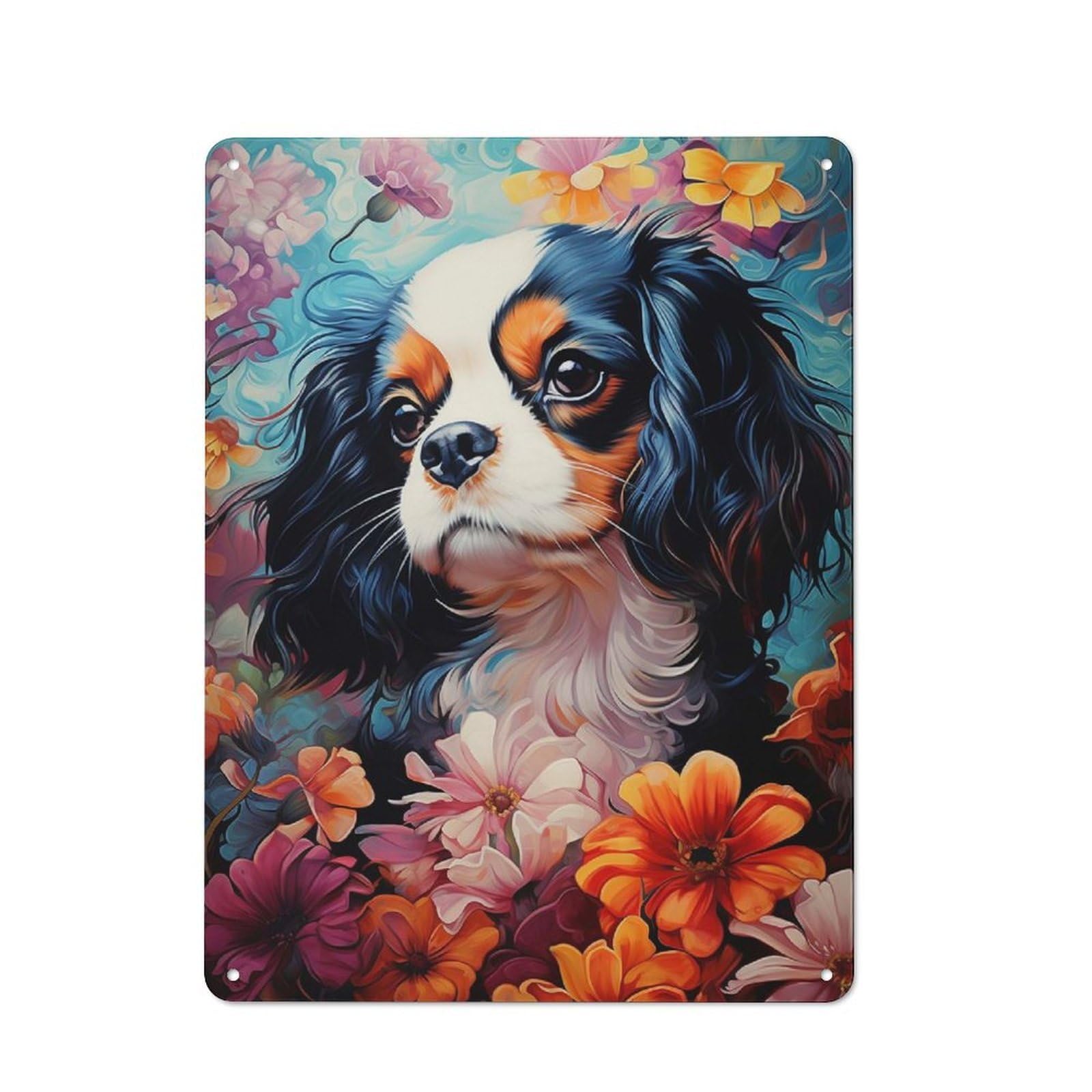Cavalier King Charles Spaniel in Flowers Vintage Printed Metal Sign 40x30cm for Café Or Home Bar, New Home Wall Decor for Hospitality Decor Collectors