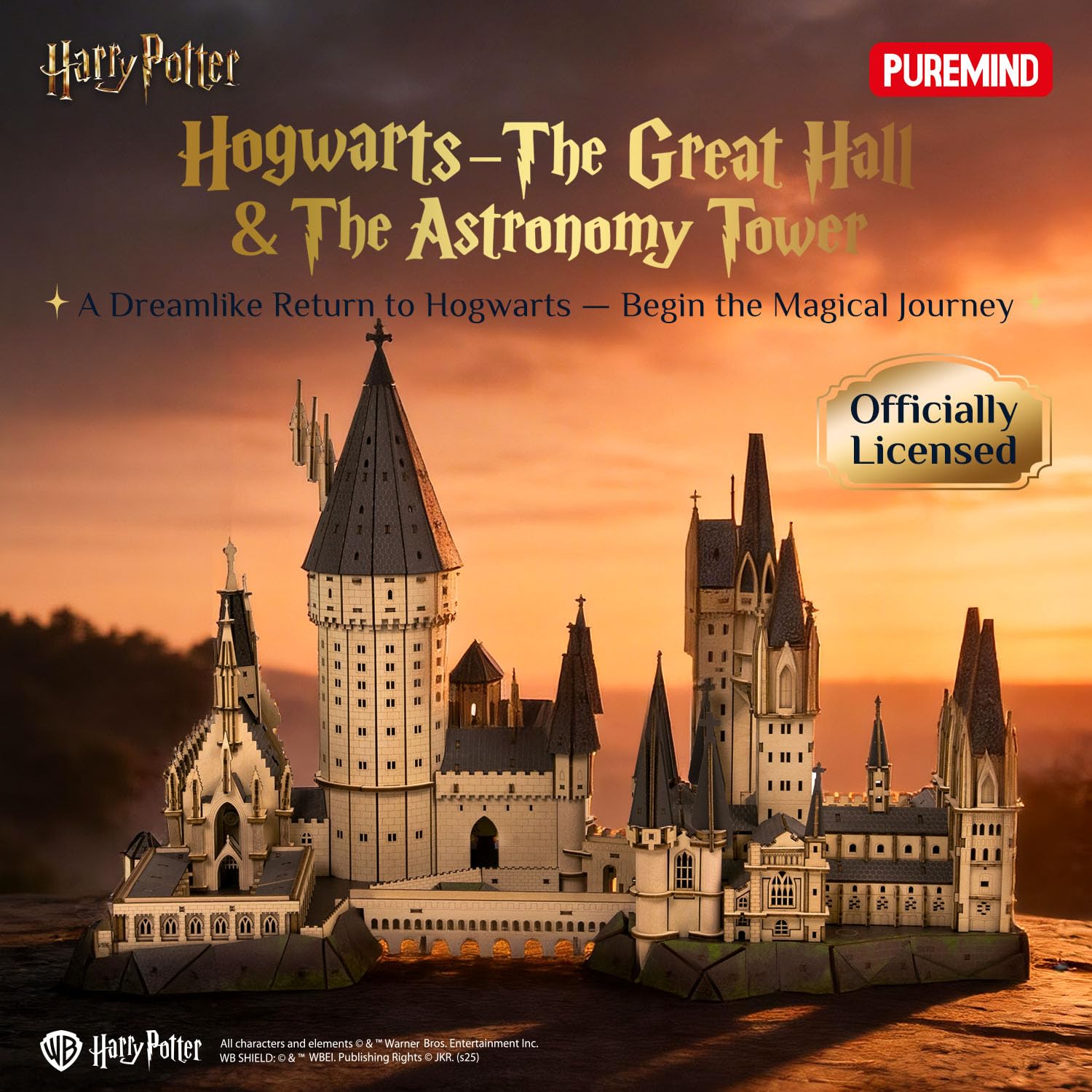 PUREMIND Harry Potter Offiziell Lizenziertes 3D Holzpuzzle - Hogwarts Astronomieturm Modellbausatz für Erwachsene mit Licht & Musik - Magisches Schloss DIY Sammler-Dekoration & Geschenk für Fans