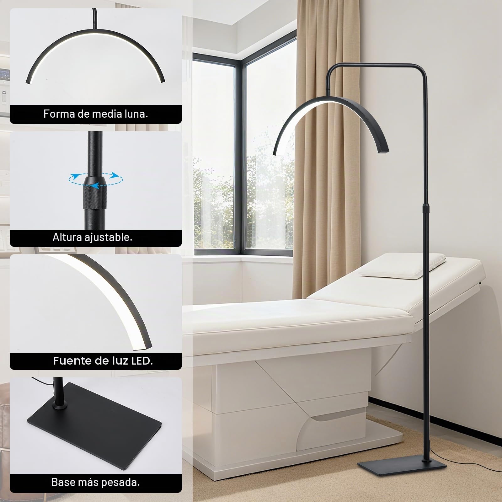 Lampara de Pie Curvada Forma de Media Luna Cabezal Ajustable 360° Altura Ajustable Lámpara de Pie LED Atenuación 3 Colores Extensión Pestañas y Nelleza Luz Relleno Diaria Lampara de Pie Salon