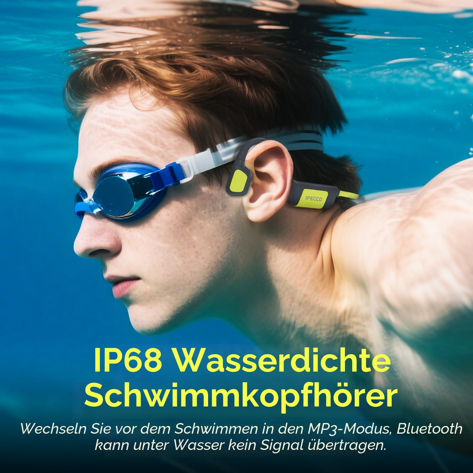 IFECCO Kopfhörer Schwimmen, Knochenschall Kopfhörer Bluetooth 5.4, IP68 wasserdichte Open Ear KopfhöRer mit MP3-Player 32GB Speicher, Unterwasser Sport Kopfhörer für Schwimmen Fahrrad Laufen