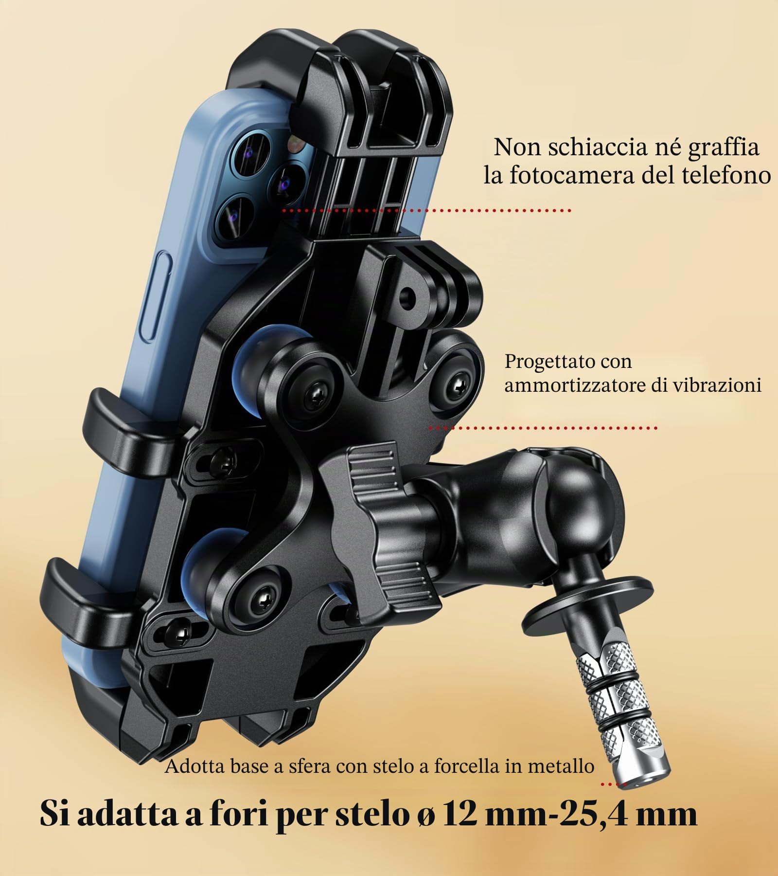 BRCOVAN Supporto per cellulare per manubrio della forcella della moto, con antivibrazioni, regolabile, resistente, adatto per tubi da 12 mm a 25,4 mm di diametro, compatibile con smartphone da 5,4 a