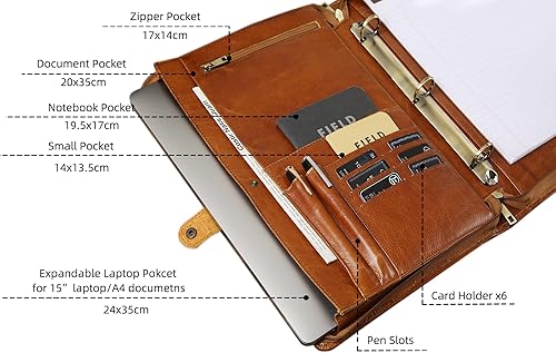 Miniatura 4 de Portafolio personalizado para hombres, organizador de cartera de tamaño legal de 8.5 x 14 pulgadas, carpeta de cuero con 3 anillos, portapapeles de