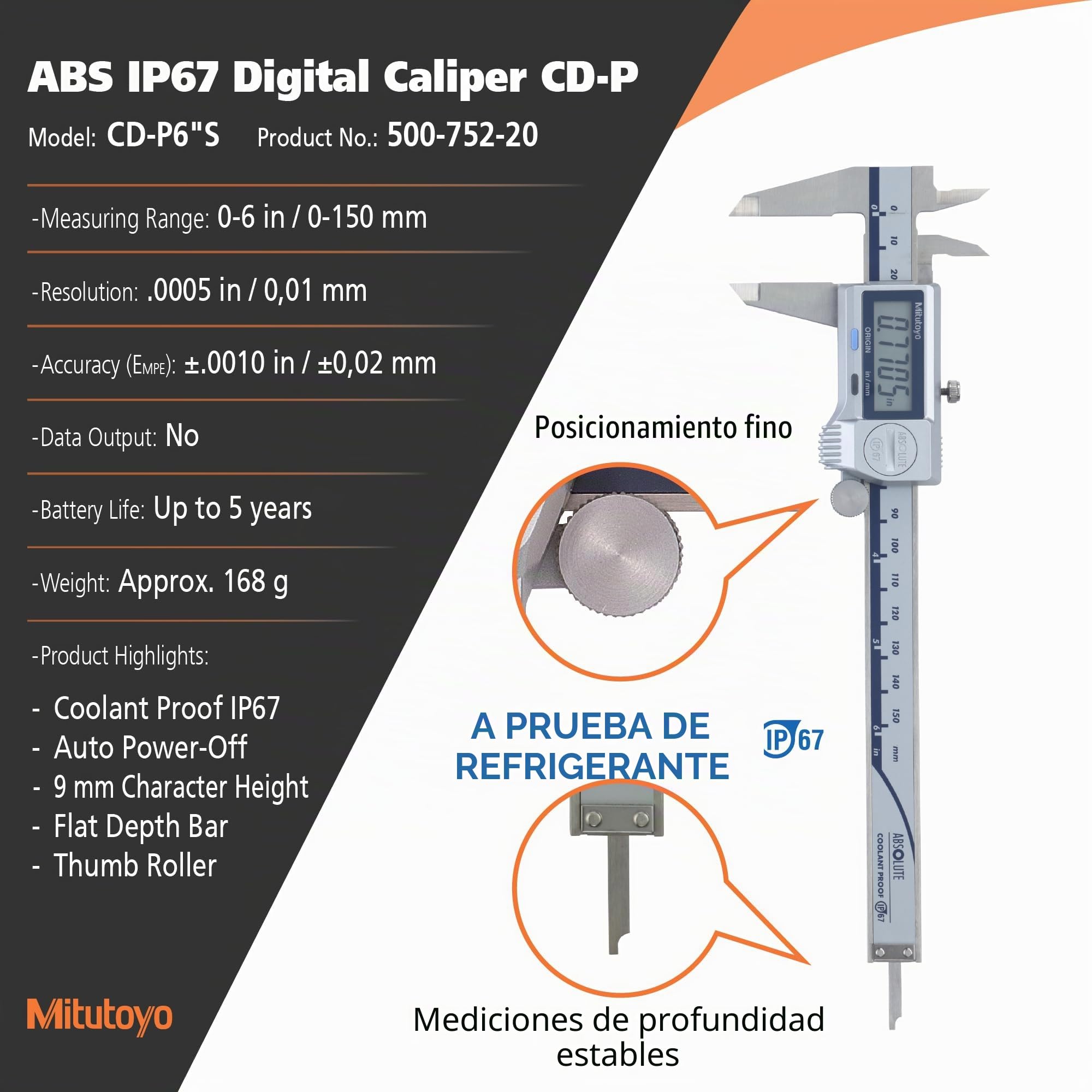 Mitutoyo 500-752-20 - Calibrador digimático, 0-15,24 cm, IP67, 0,01 mm, sin SPC