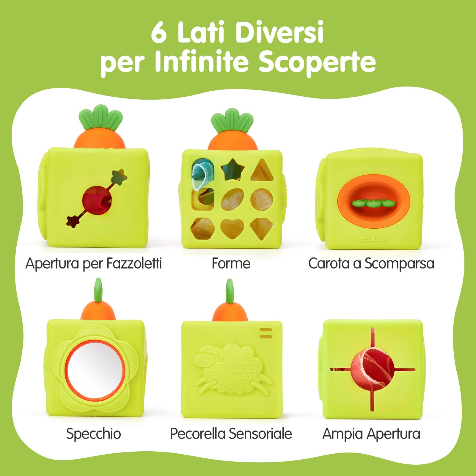 hahaland Giochi Neonato 6 Mesi, Scatola di Fazzoletti in Silicone Sensoriali Neonati Montessori, 6-in-1 Cubo attività con Trame e Specchio, Regalo Educativo Bimbo Bimba 6-12 Mesi