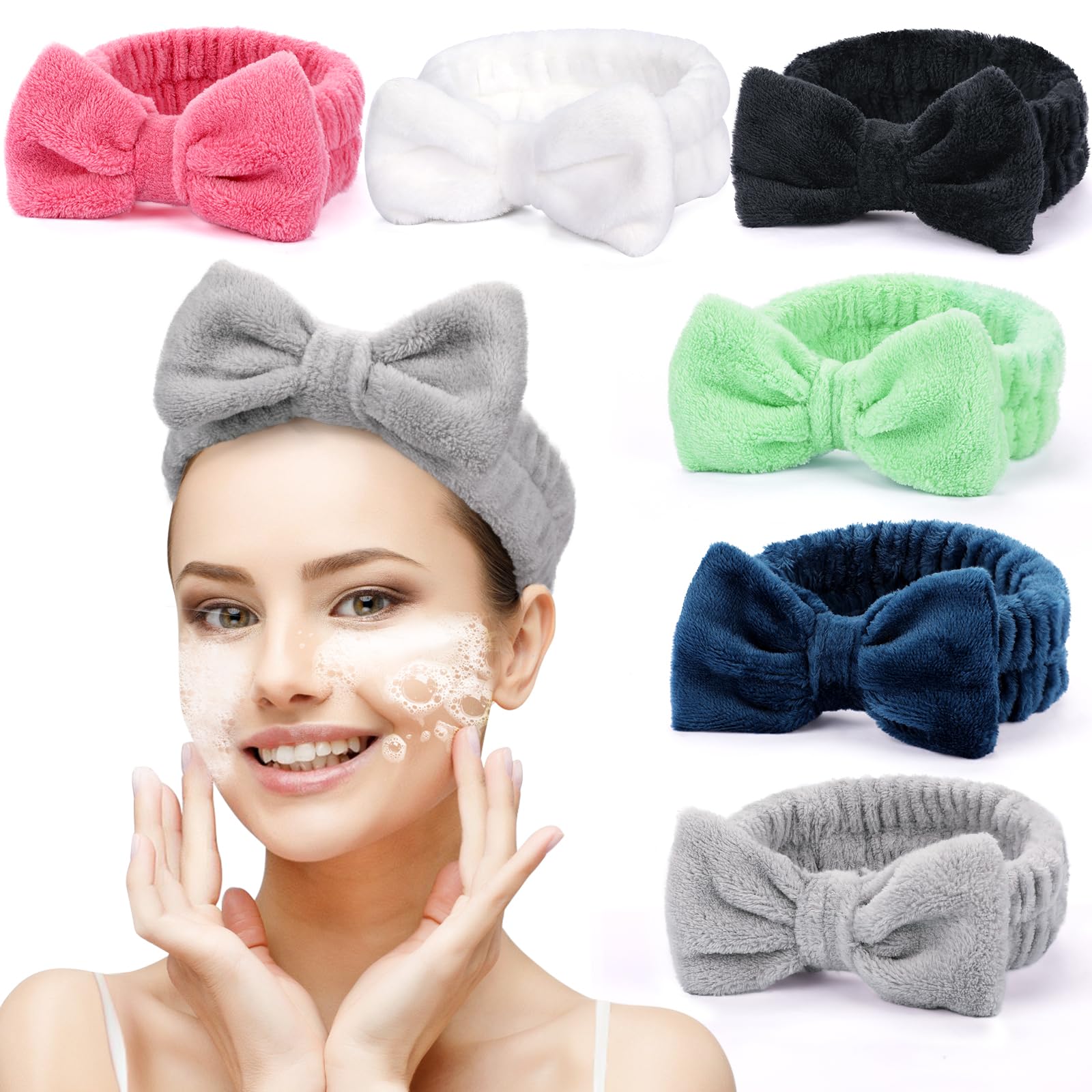 6 Pack Spa Headband for Women Skincare Makeup Headband Bow Hairband Party Favors Soft Coral Fleece Goody Bag Stuffers Christmas Stocking Stuffers for