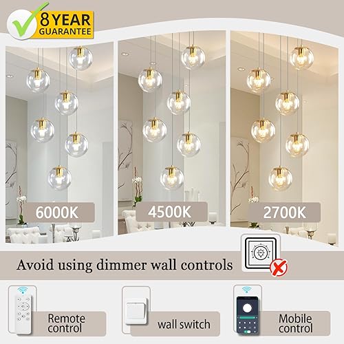 Miniatura 93 de Escalera LED de 10 luces LED moderna con globo de cristal, lámpara colgante grande para techos altos, accesorios de iluminación de entrada, villas y