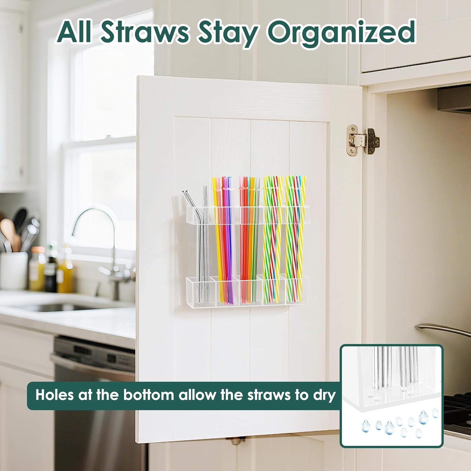 Straw Holder for Cabinet Door, 9.45”Large Acrylic Reusable Tumbler Straw Organizer Storage Dispenser with Double Sided Adhesive,Under Cabinet & Wall Mount Drinking Straw Storage, Easy to Install - Image 2