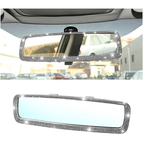 Car Bling Rearview Mirror, Rhinestones Crystal Diamonds Rear View Mirrors with HD Glass, Universal Clip-on Rear View Mirrors for Cars, Vehicles, SUVs, Car Accessories for Women Girls (Black)