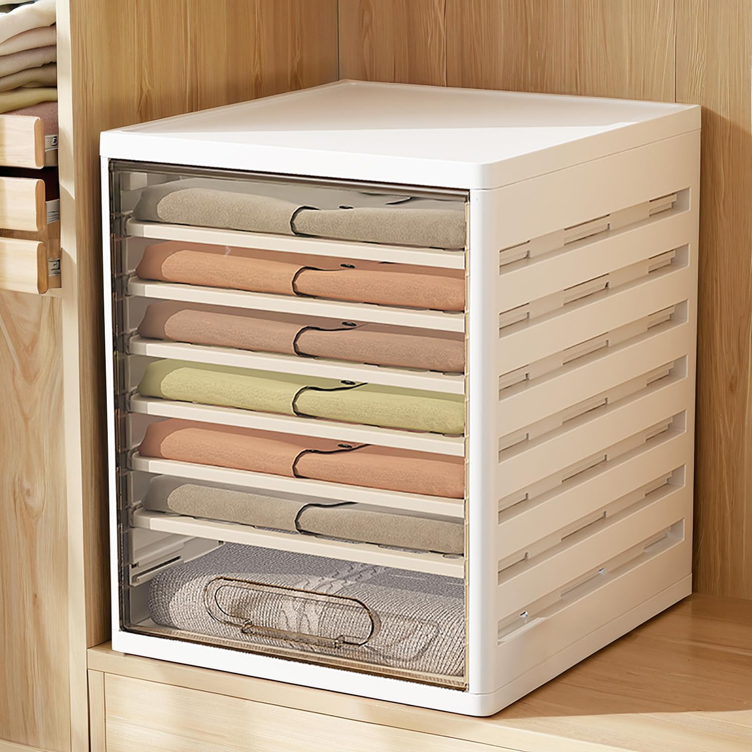 Organizador de almacenamiento para armario con divisores, organizadores apilables con tapas para almacenamiento en armarios, despensas, lavandería, sala de estar