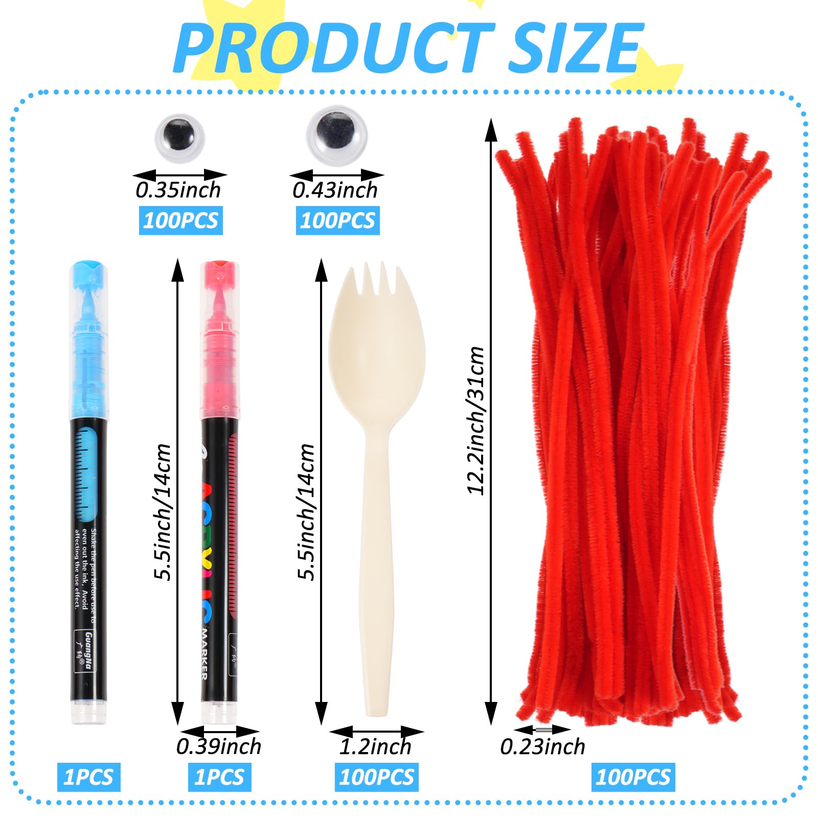 100 Sets Fork Craft Kit Disposable Creativity Sporks Fork Creativity Set Include Sporks Red Pipe Cleaners Self Adhesive Wiggle Googly Eyes and Marker Pens,Make Your Own Craft Kit
