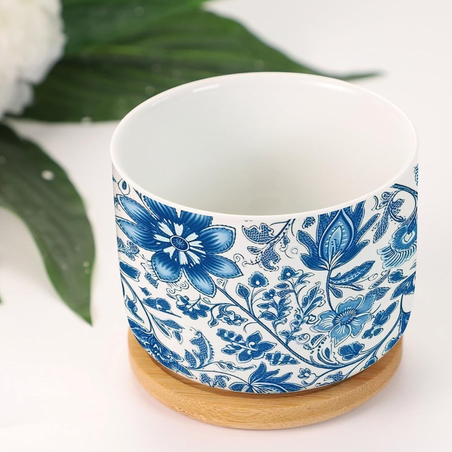 Set of 5 Chinoiserie Style Blue Flower Small Flowers Pots Indigo Blue Peony Rose Floral Ceramics Planters with Drainage Holes Chinoiserie Style Garden Decor Succulent Pot