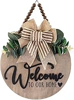 CondorPasea 3D Welcome Sign for Front Door - 12" Round Wooden Farmhouse Porch Hanging Decor with Eucalyptus Leaves & Rustic Beads