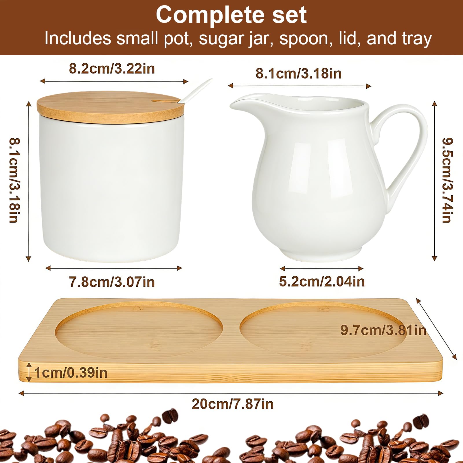 Milch und Zucker Set mit Deckel und Löffel, Milchkännchen Schwarz Keramik und Zuckerdose mit Holz Tablett, Milchkanne Spülmaschinen- und Mikrowellengeeignet (Weiß)