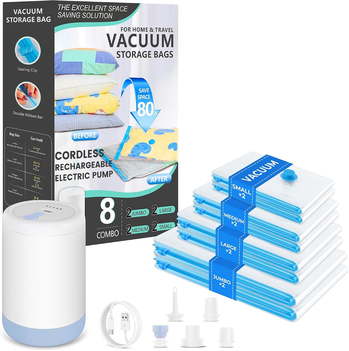Vacuum Bags for Travel with Portable Electric Pump, 8 Pack Vacuum Seal Bags for Luggage and Suitcase Compression, Space Saver Vacuum Storage Bags for Clothes and Clothing Travel