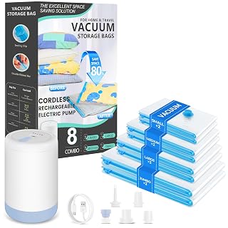 Vacuum Bags for Travel with Portable Electric Pump, 8 Pack Vacuum Seal Bags for Luggage and Suitcase Compression, Space Saver Vacuum Storage Bags for Clothes and Clothing Travel - Amazon product rated Grade A