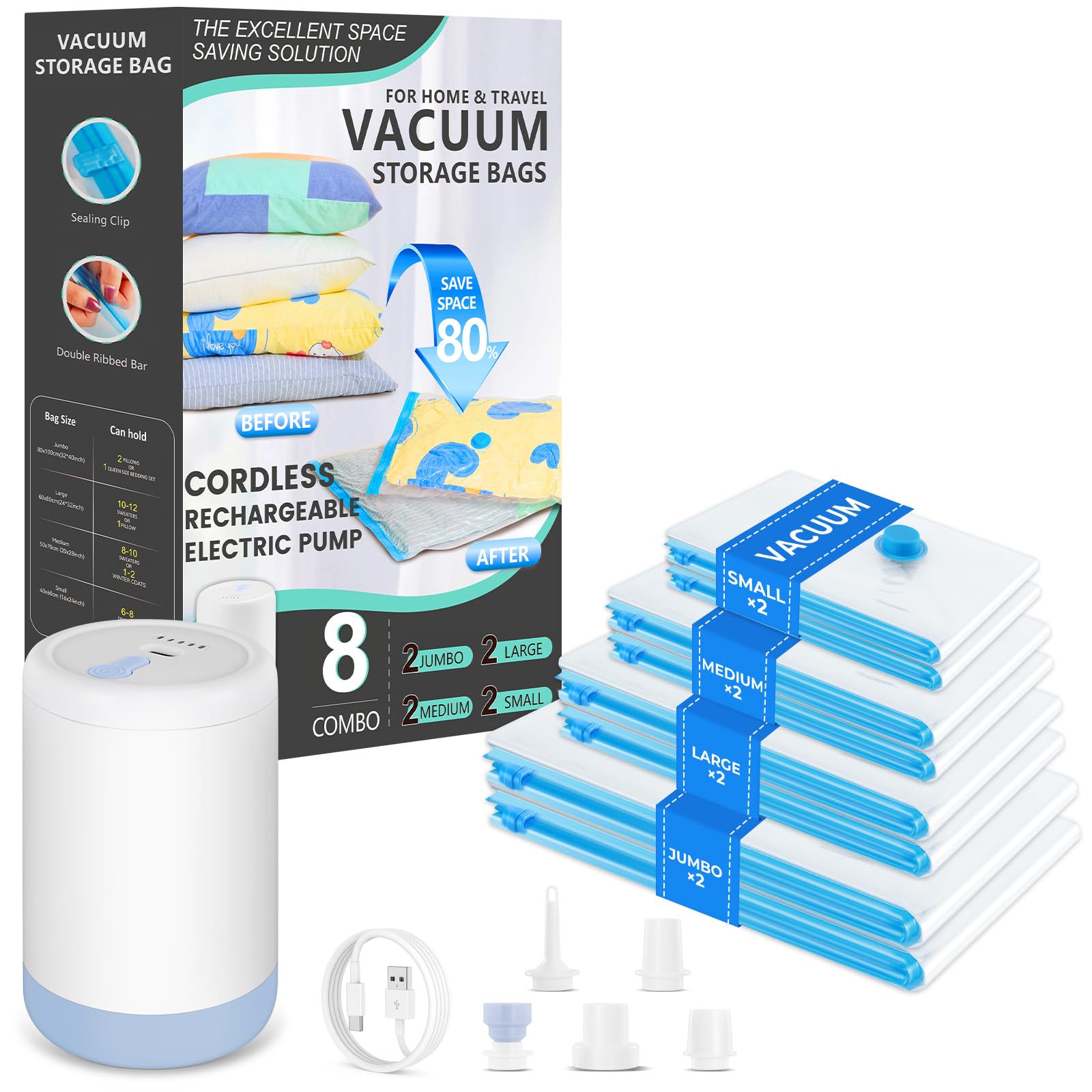 Vacuum Bags for Travel with Portable Electric Pump 8 Pack Vacuum Seal Bags for Luggage and Suitcase Compression