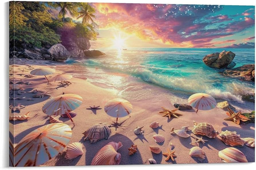 Amazon.co.jp: 絵画 海辺の砂浜にある貝殻の群れインテリア 絵画