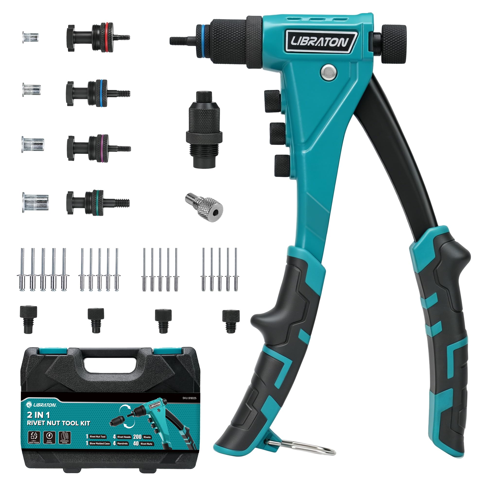 LIBRATON Kit de Remachadora de Tuercas y Remaches 2 en 1, con 4 Mandriles (M3-M6), 4 Boquillas (2.4-4.8mm), 40 Tuercas y 200 Remaches, Remachado Ajustable para Bricolaje y Reparaciones, con Caja