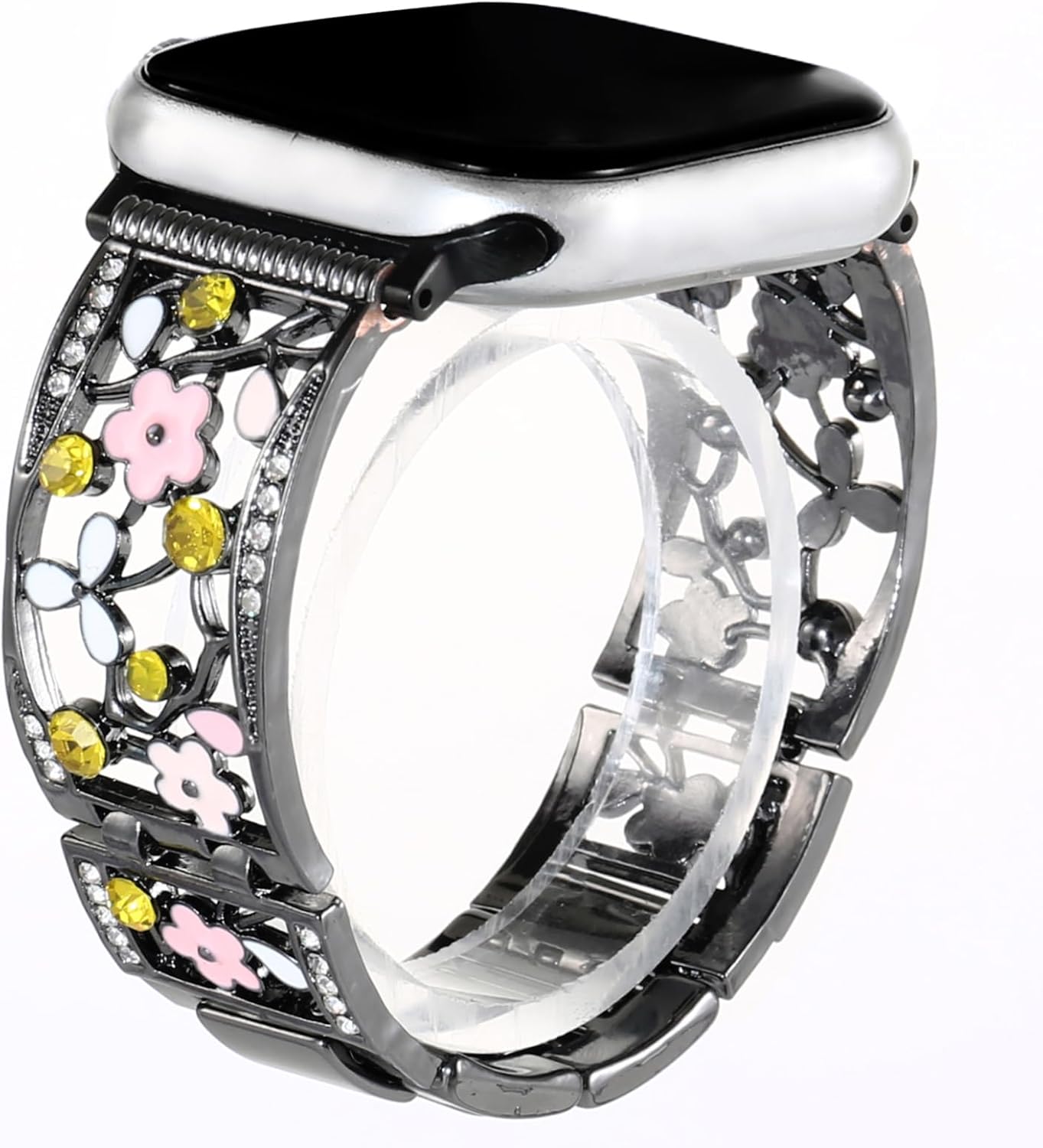 Floral Bling Crystal Hollow Metal Bracelet Band Compatible with Apple Watch 38mm 40mm 41mm 42mm 44mm 45mm 46mm 49mm, Women Dressy Jewelry Wristband for iWatch Series 11 10 9 SE 8 7 6 5 4 3 2 1 Ultra
