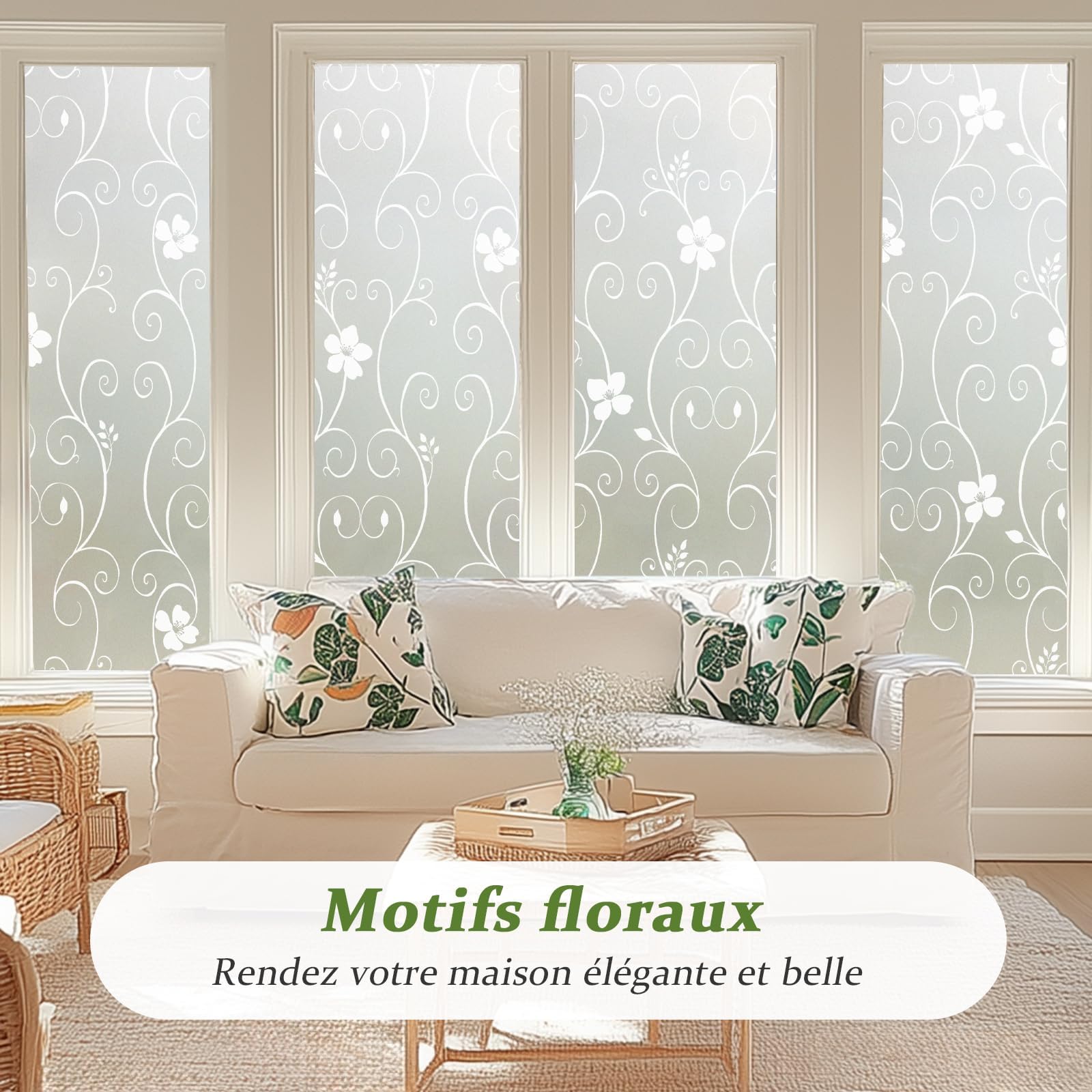 Qualsen Film Fenetre Anti Regard Motif Floral, Fleur Blanche, 90 x 300cm | Brise Vue Fenêtre, Opaque Film Electrostatique Vitre Non Adhésif, Anti-UV Décoratif pour Maison Bureau Cuisine