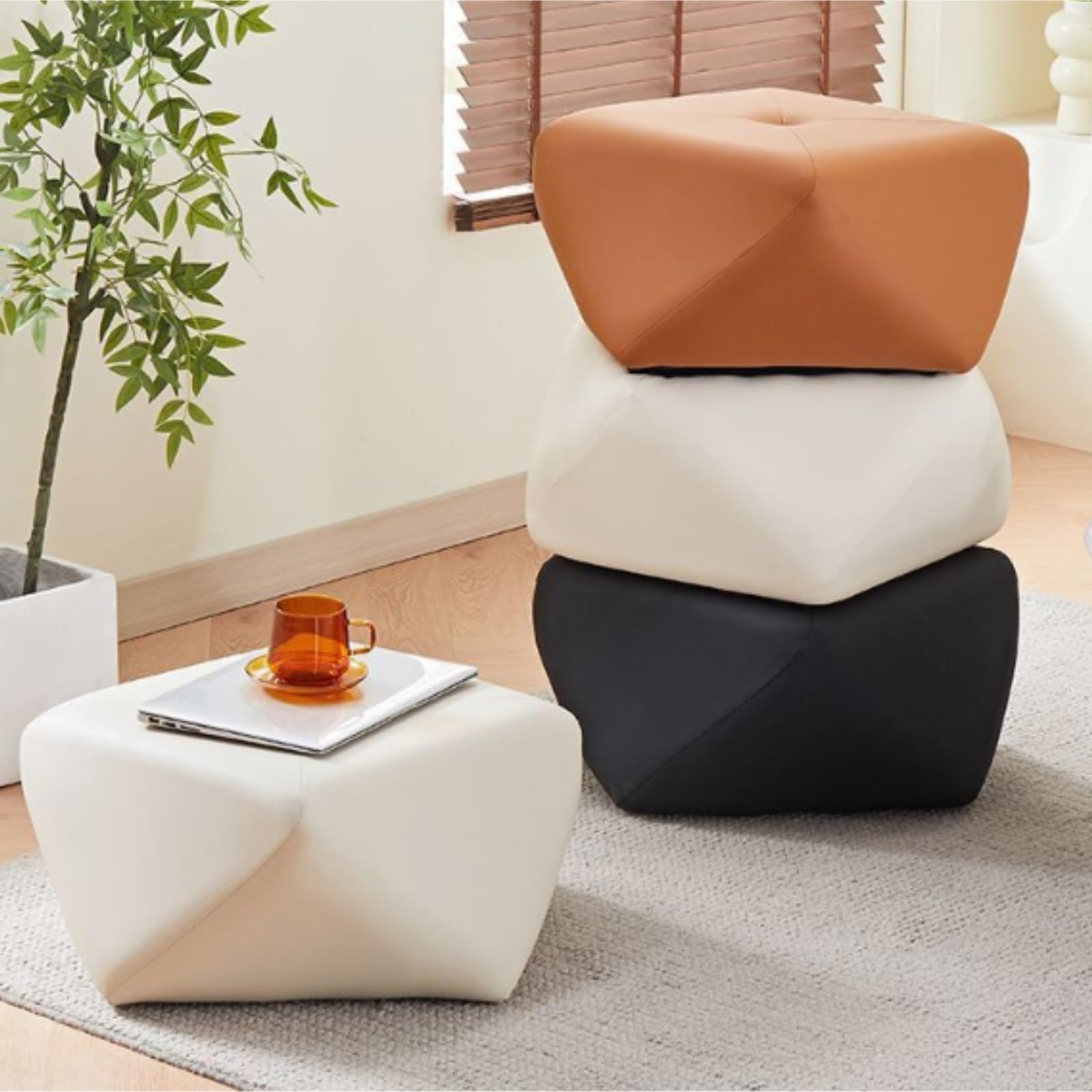 Ottomana Salón Taburete Bajo Octogonal Moderno De Cuero For Sala Estar Asiento Extra(Oranje)