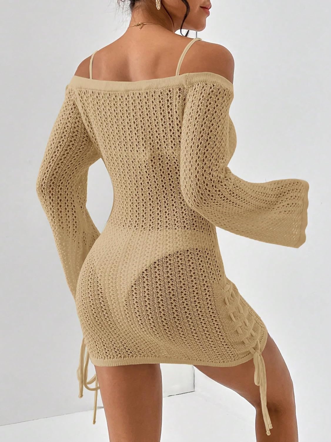 SISKIN Women's Bathing Suit Beach Cover Up Crochet Knit Tops Mesh Hollow Out Dress Drawstring Without Sexy Bikini - Image 2