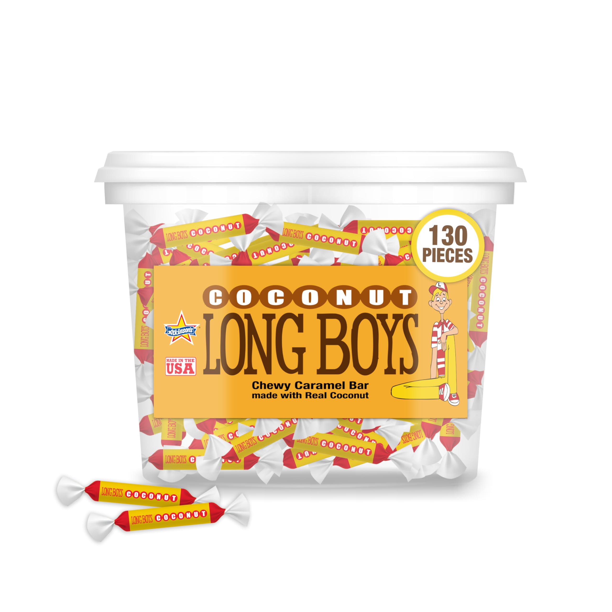 Atkinson's - Long Boys Coconut - Fun Size - 0.35 oz. - 130 Piece Tub