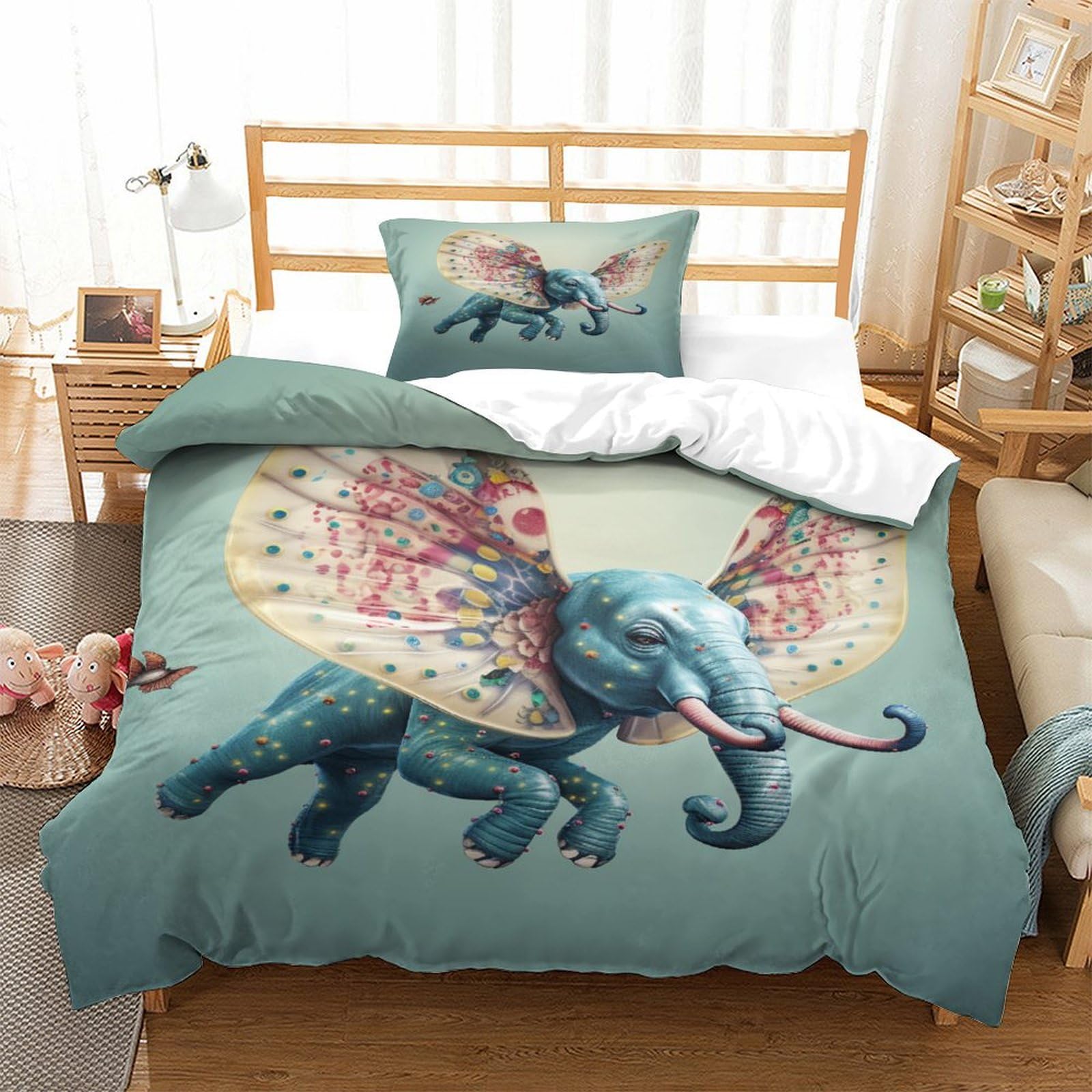 P1S9U7W5Y Whimsical Animal 3D Printed Elephant Duvet Cover Set 3 Pieces Microfiber Bedroom Decor Elephant Bedding Set for Adults Teenagers Gift Single（135x200cm）
