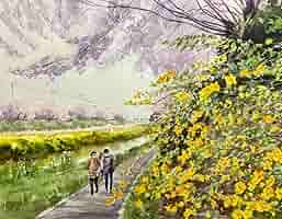 RUKURUKUさま専用（原画）花咲く街の風景 ＃17【A5／水彩／#2549】 RUKURUKUさま専用（原画）花咲く街の風景 ＃17【A5／水彩／#2549】