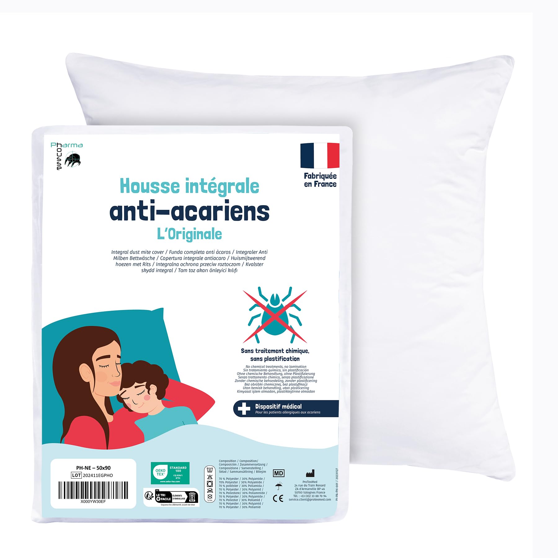 Pharma-Housse Anti-Dust Mite Fully Enclosed Cover for Pillow, 50cm x 90cm, 160 g