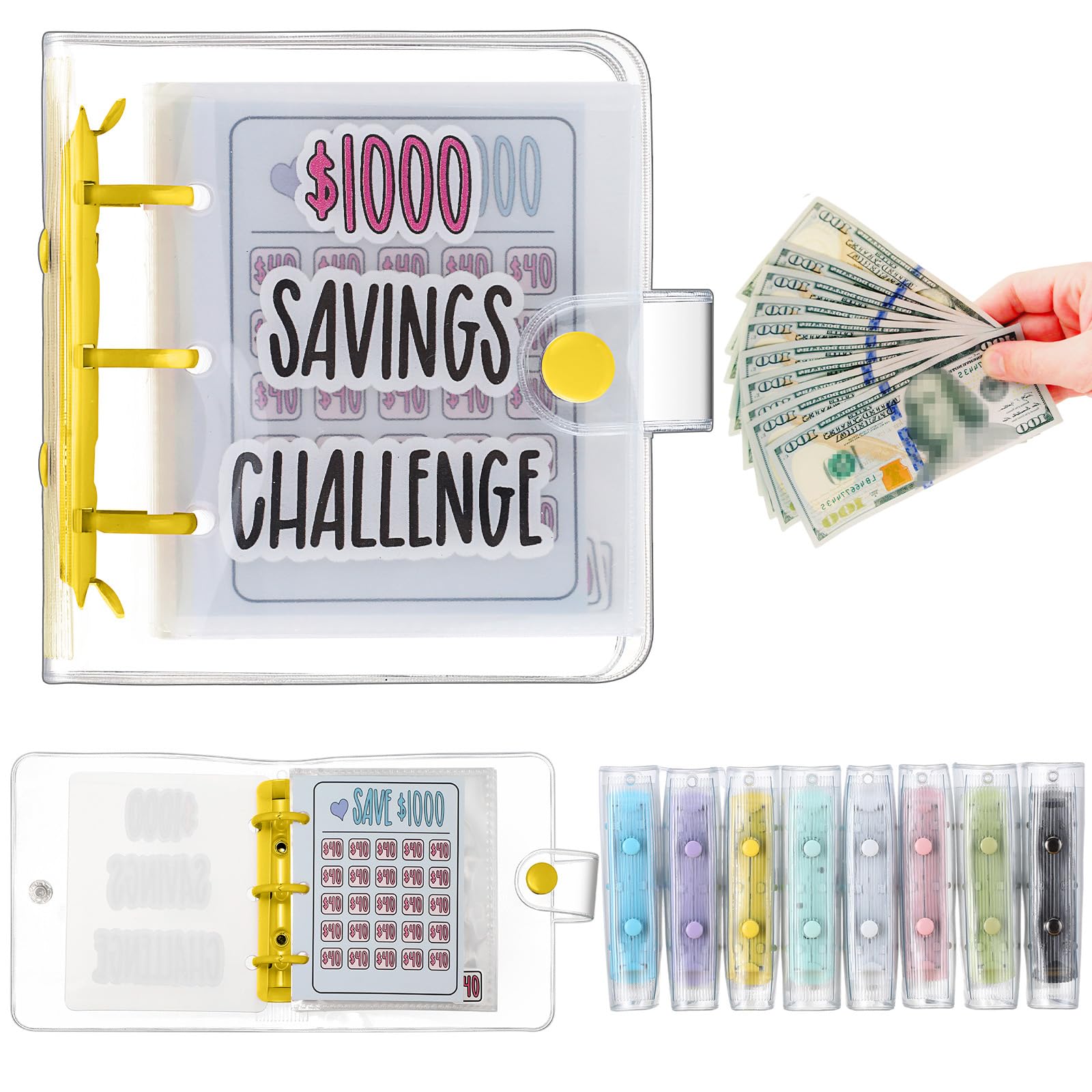 Jetec 1 Pcs 1000 Mini Money Saving Binder Money Saving Challenge Book with Envelopes for Budgeting Cash Planner Back to School Class Prize Exchange