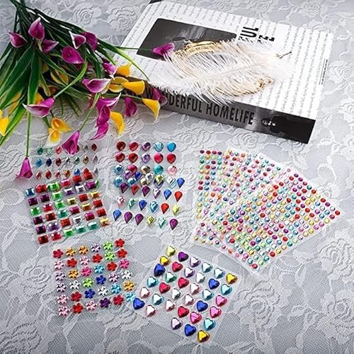 1200 Stück Glitzersteine Selbstklebend, 14 Bögen Acryl Strasssteine Sticker Verschiedene Formen Klebesteine Schmucksteine für Kinder DIY Handwerk Grußkarten