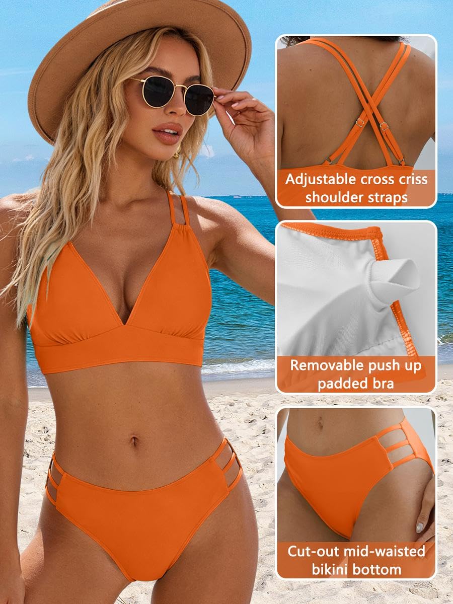 Joligiao Mujer Bikini Sexy Traje de Baño 2 Piezas Cuello en V Bikinis Brasileño con Triángulo Bañadores Bikini Top y Braga Cintura Alta Conjunto de Bikinis Playa - 5